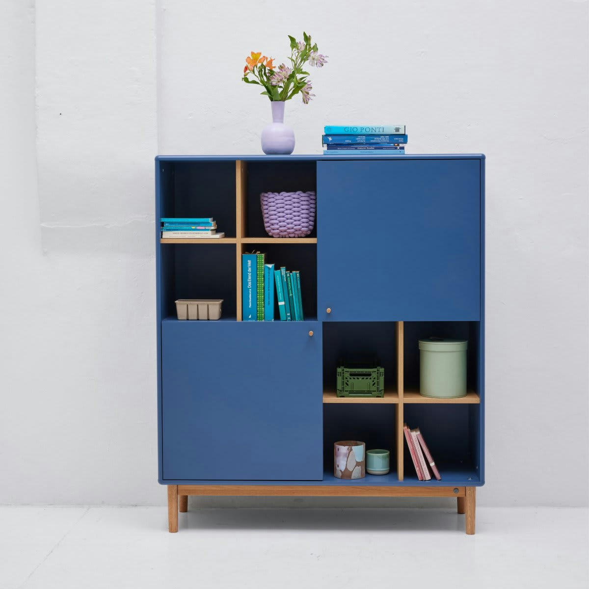 MARCEAU - Buffet haut en bois 2 portes et niches bleu