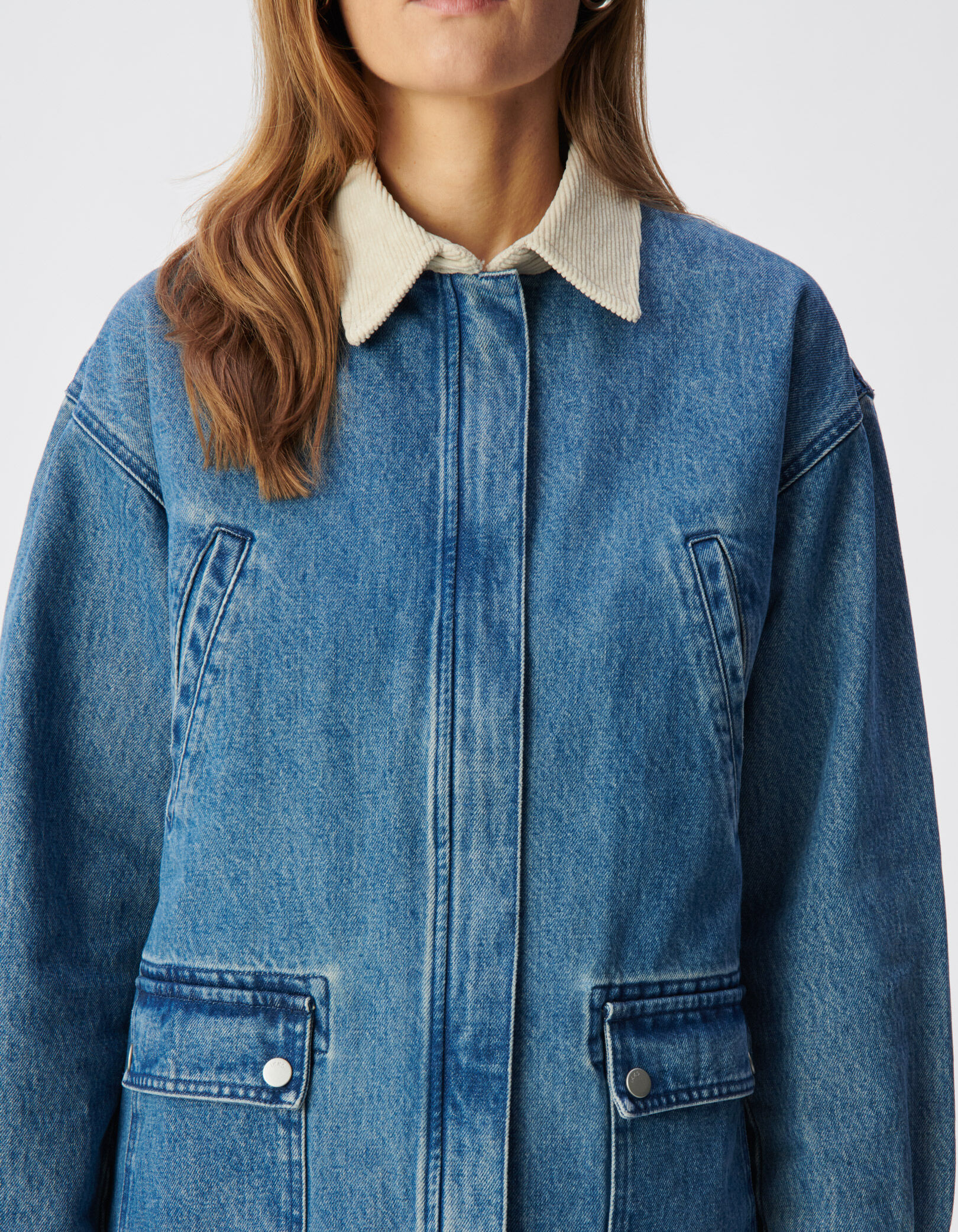Veste en jean bleu col velours écru Femme