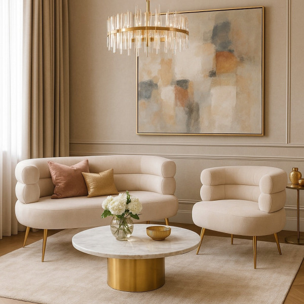 Zestaw Mebli Sofa i Fotel Glamour Mała Kanapa Do Salonu Kremowy Złoty