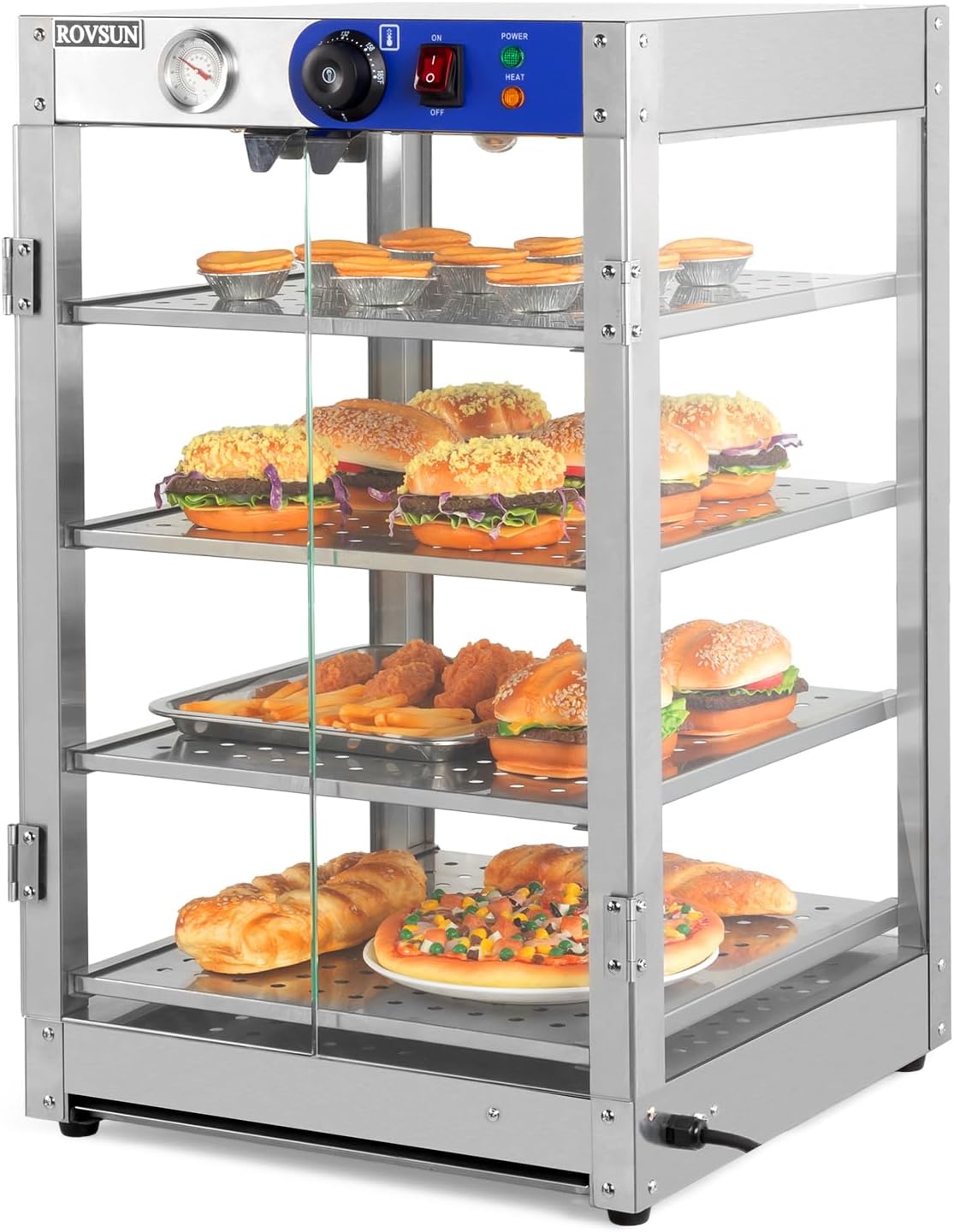 ROVSUN 4-Tier Commercial Food Warmer Pizza Warmer Countertop, Food Warmer Display with LED Lighting Removable Shelves Glass Door, Pretzel Warmer for Buffet Restaurant Cafe, 110V 800W