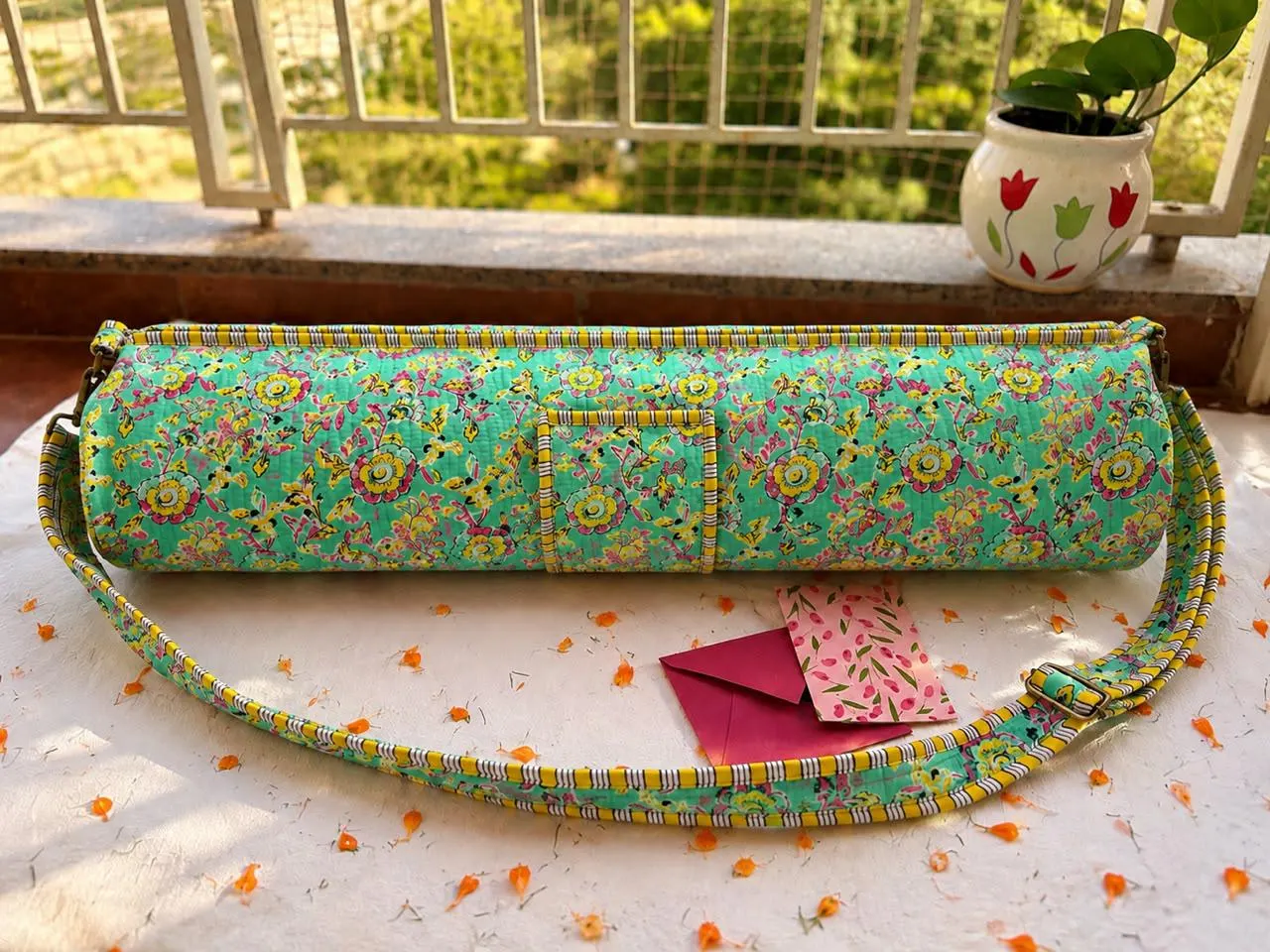 Handcrafted Quilted Cotton Yoga Mat Bag | Block Print Mat Carrier with Adjustable Shoulder Strap & Mobile Pocket