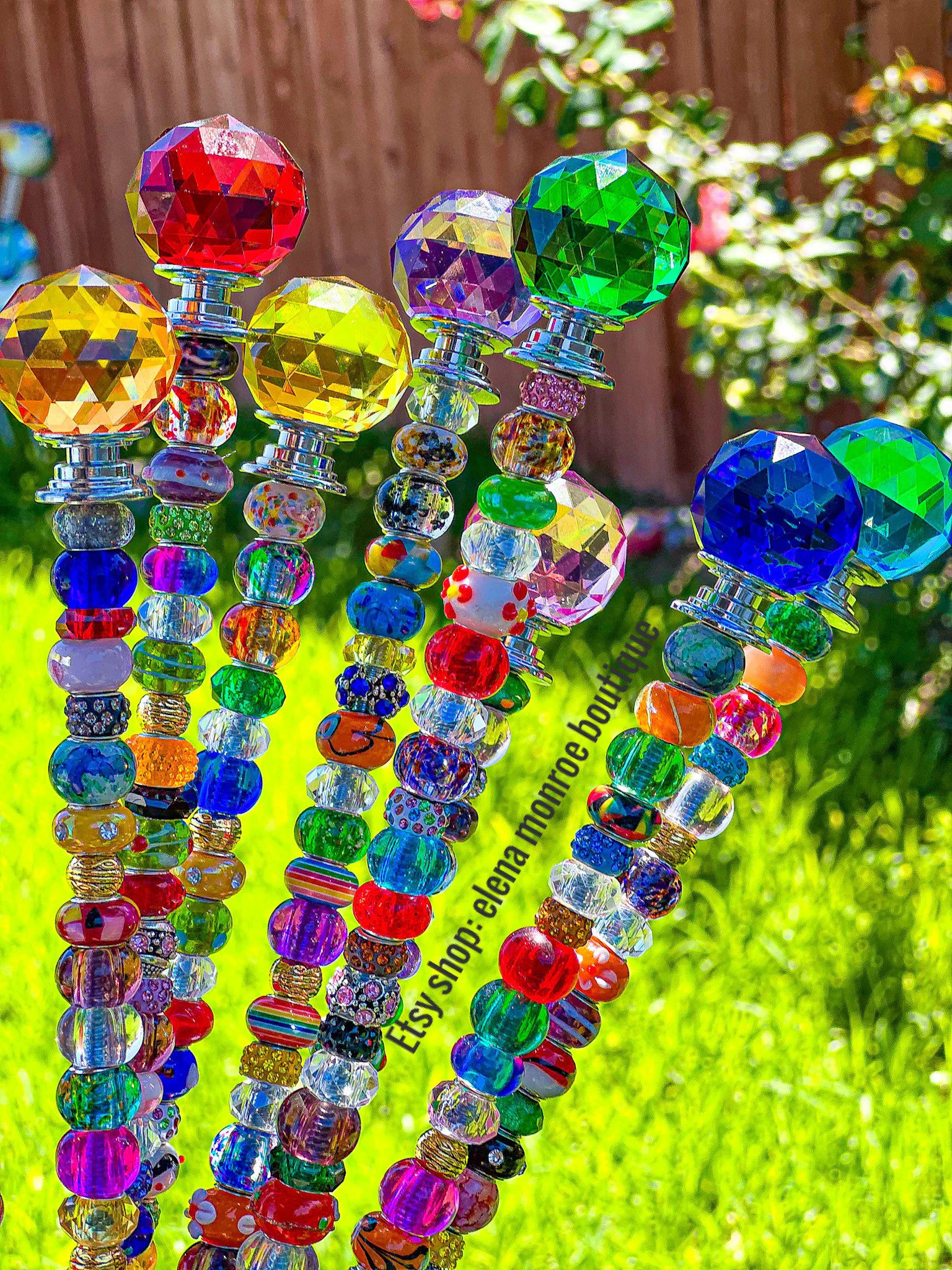 14 inch jeweled garden stake, planter stake, round prism garden stick, fairy garden stake, plant bling, potted plant stake, colorful, pretty
