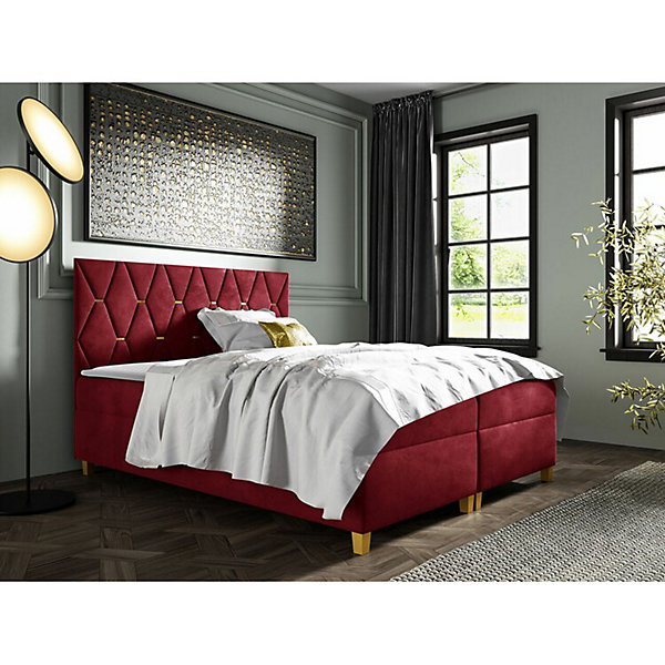 Lit continental Baltimore 176, Double, Rouge, Tissu, Disponible