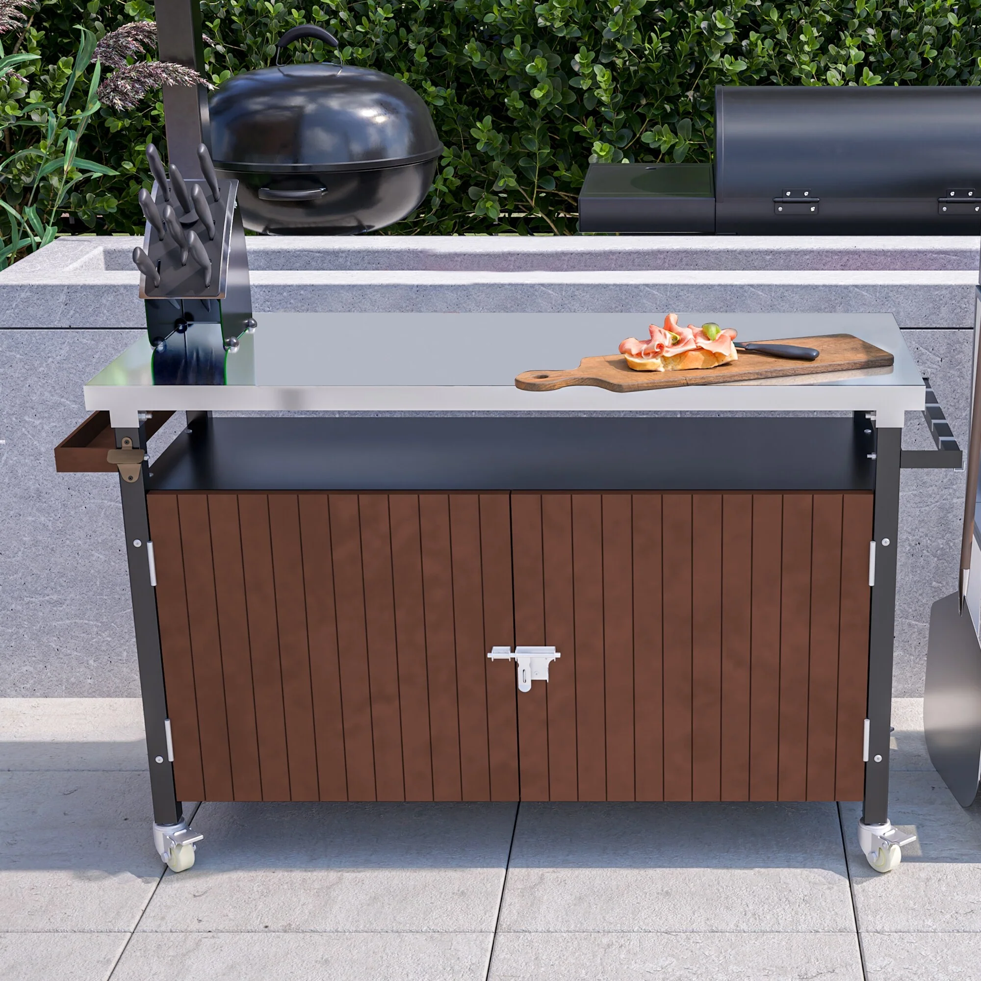 Waterproof Outdoor Grill Cart with Storage, Stainless Steel Top, Hanging Hooks, Spice Rack & Wheels, BBQ Serving Table