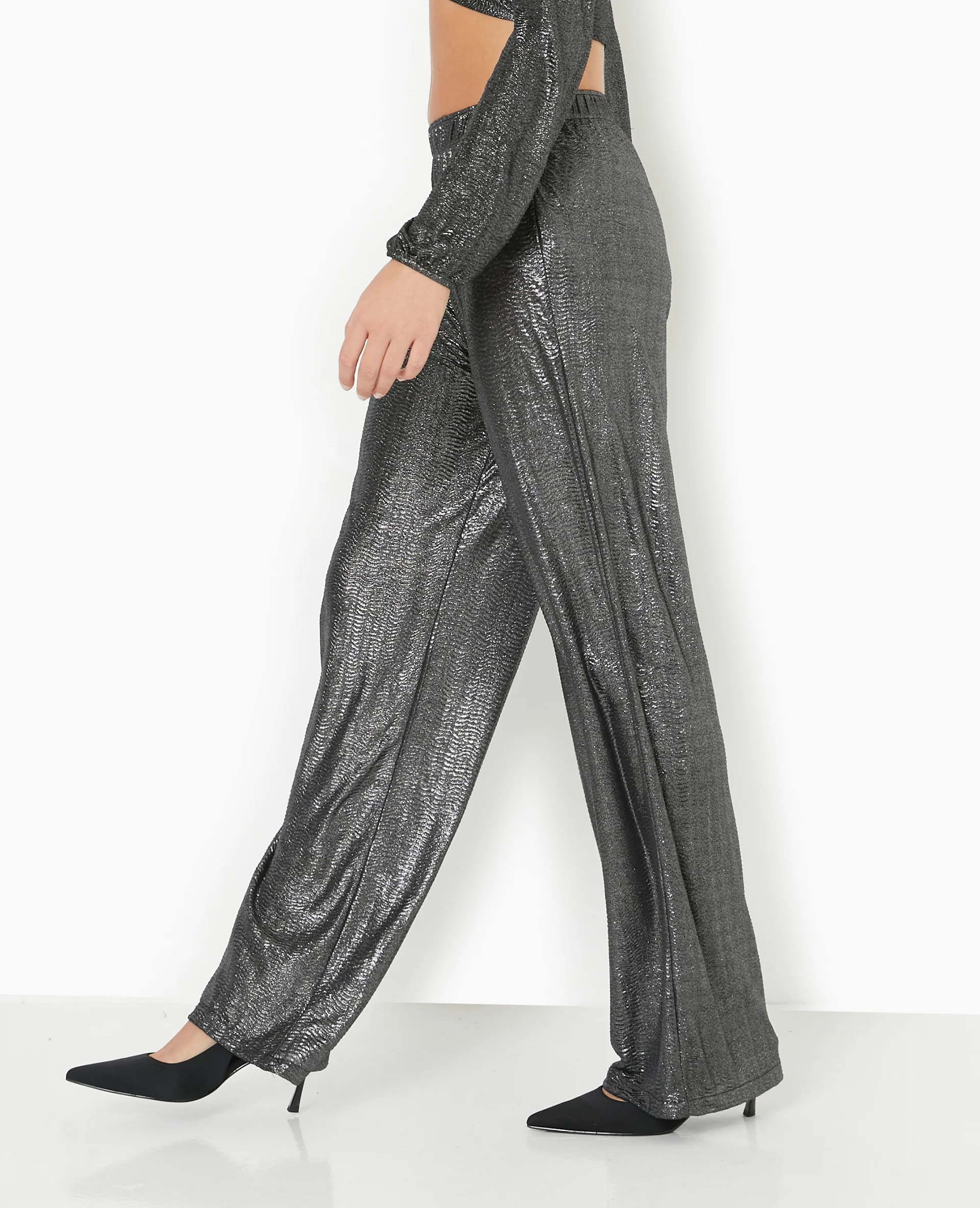 Pantalon fluide en tissu texturé avec lurex doré