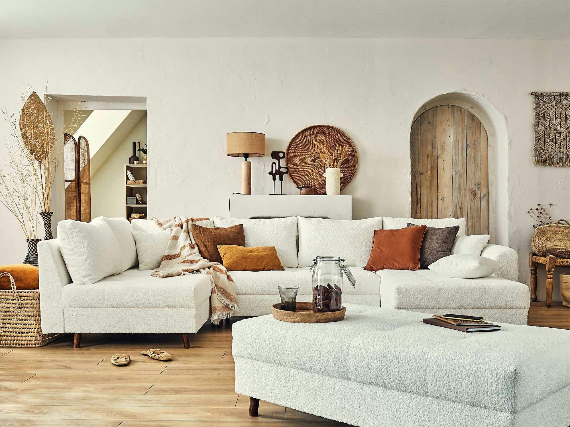 RUNE - Canapé d'angle gauche convertible 7 places en tissu bouclette blanc