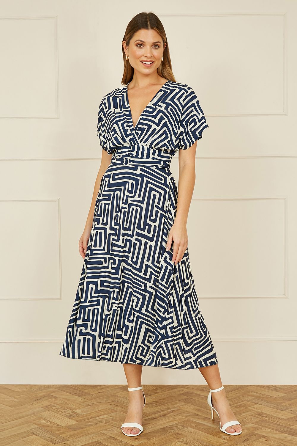 Yumi Yumi Navy Geometric Print Ruched Waist Midi Dress With Kimono Sleeves