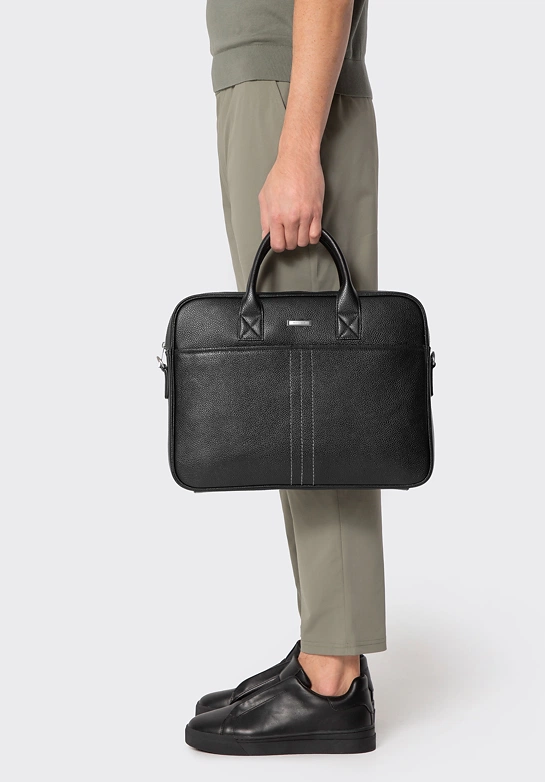 Męska torba na laptopa 15,6” ze skóry naturalnej groszkowej czarno - srebrna