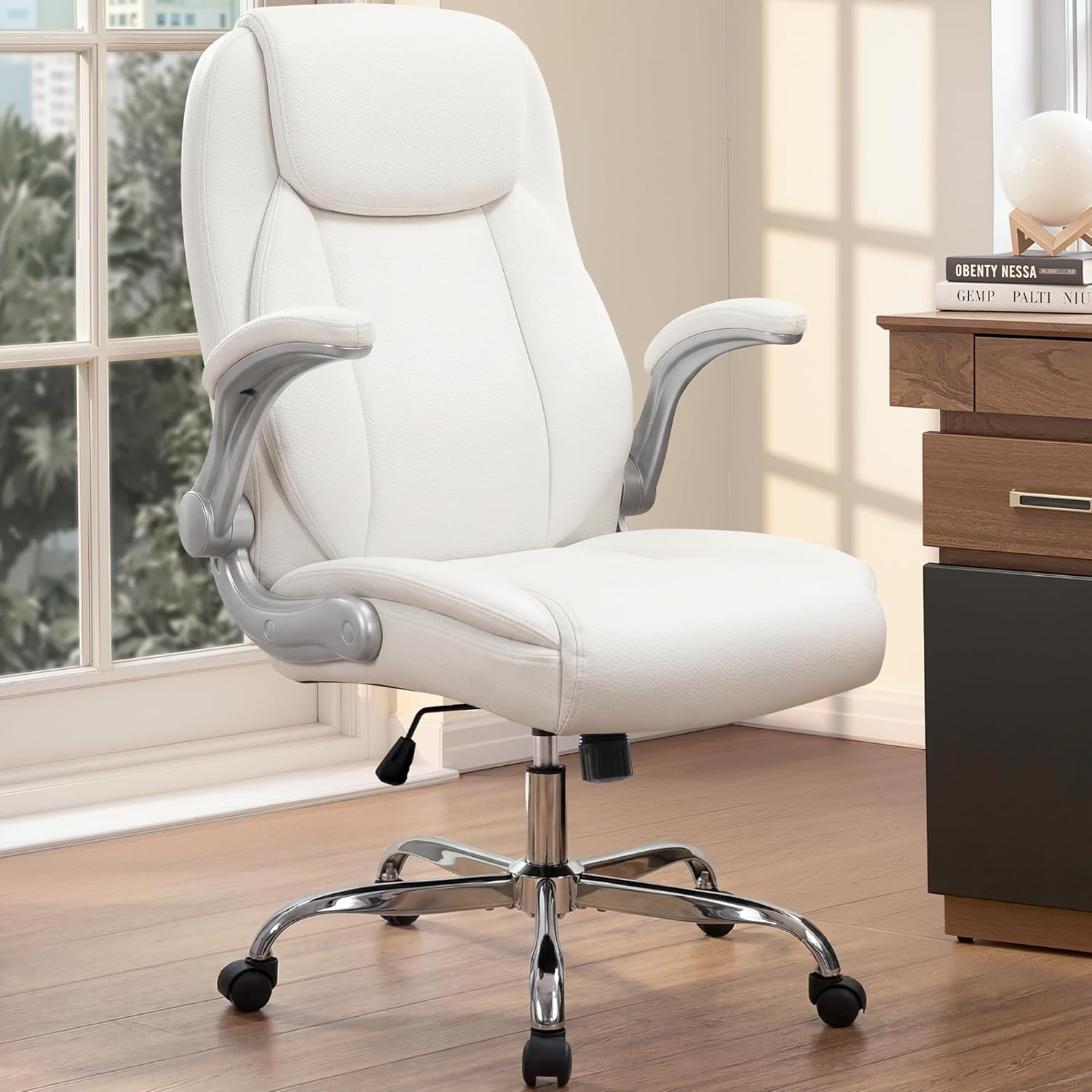 NEO CHAIR Office Desk Gaming Computer Home Chair Ergonomic Executive High Back Support Flip-up Arms Adjustable Height Swivel Rolling Wheels Comfy PU Leather (White)