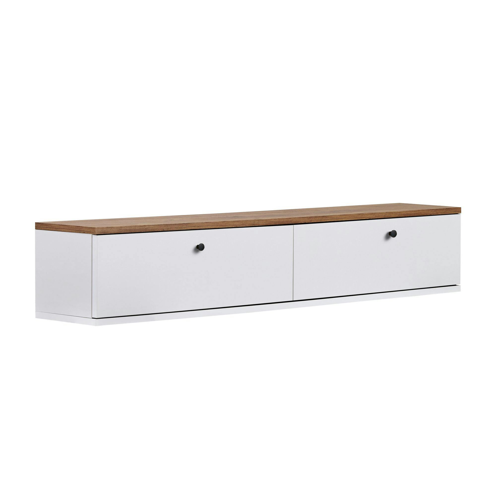 Meuble TV suspendu 2 portes décor pin et blanc 140 cm MARFA