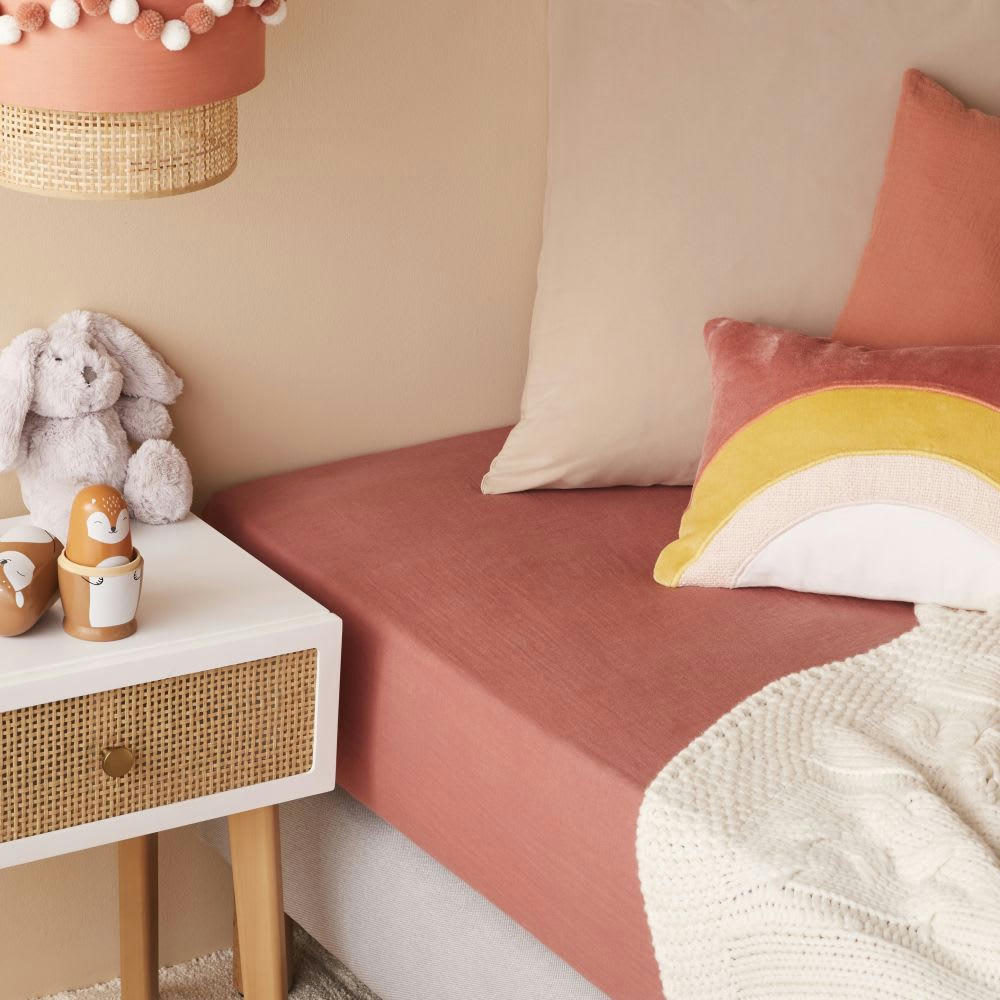 NOA - Drap housse enfant en gaze de coton biologique rouge terracotta 90x190