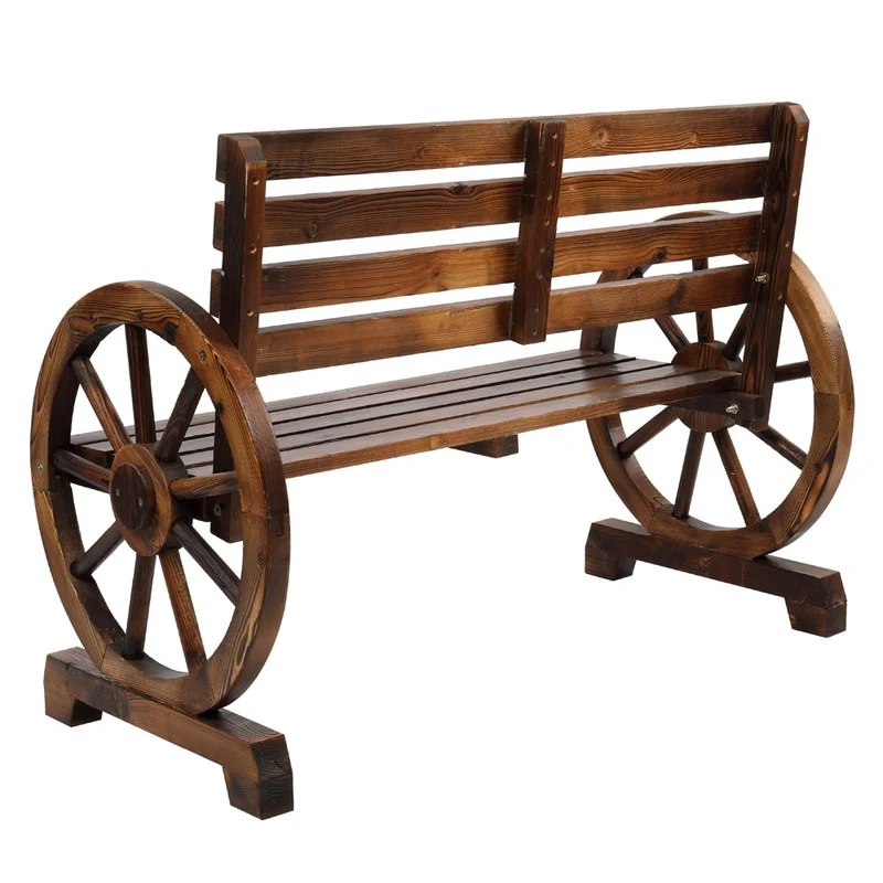 Outdoor Wooden Wagon Wheel Bench with Slatted Seat and Backrest