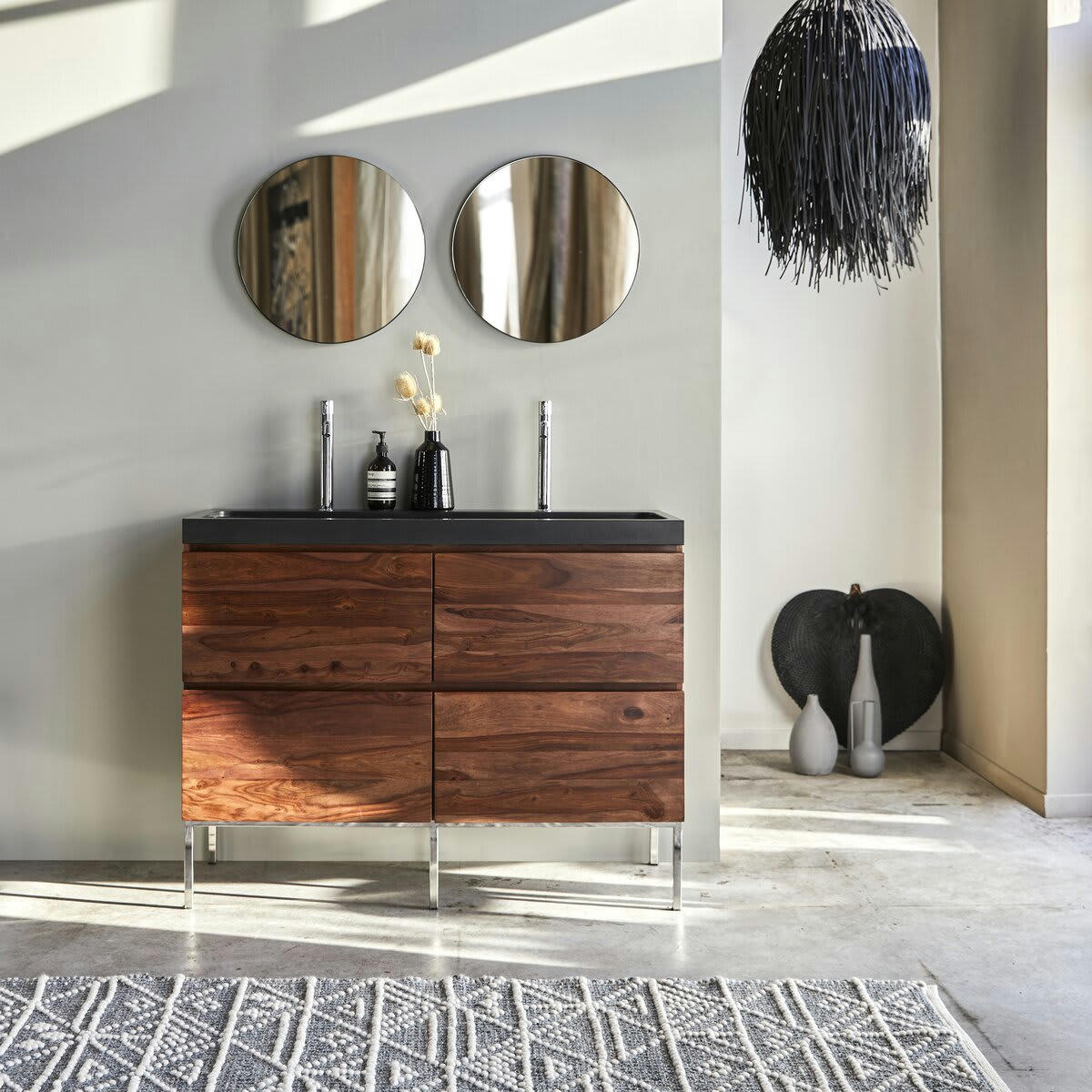 NOVA - Meuble salle de bain en palissandre massif et pierre de lave 120 cm