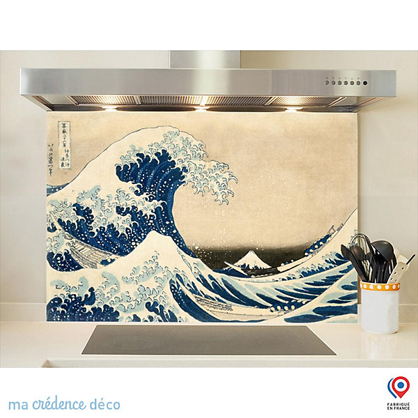 Crédence cuisine fond de hotte Katsushika Hokusai, Sous la vague au large de Kanagawa - Verre trempé - L 90 cm x H 60 cm