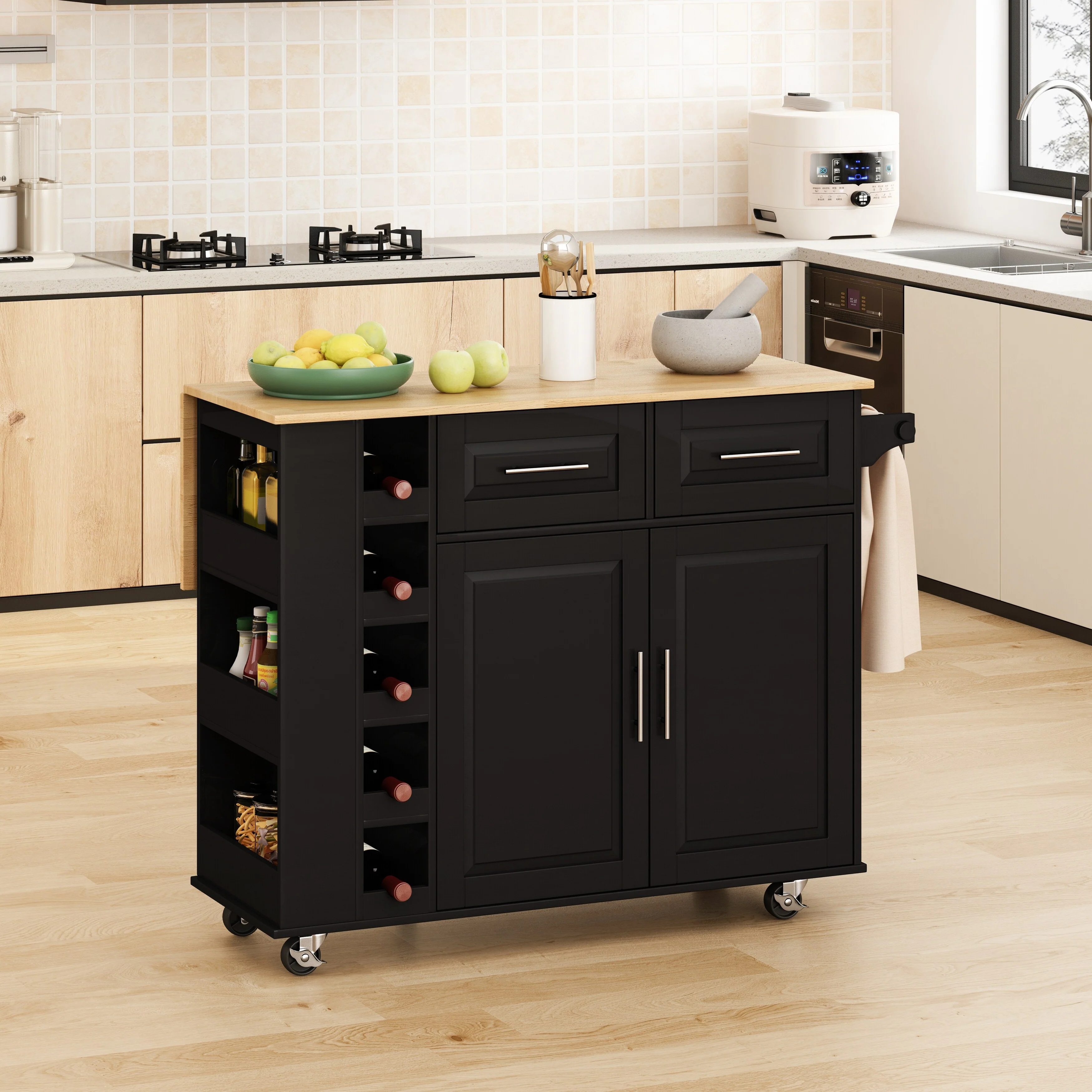 Kitchen Island with Storage, 2 Drawers, Spice Rack, Towel Holder and Wine Rack, Foldable Rubberwood Table Top