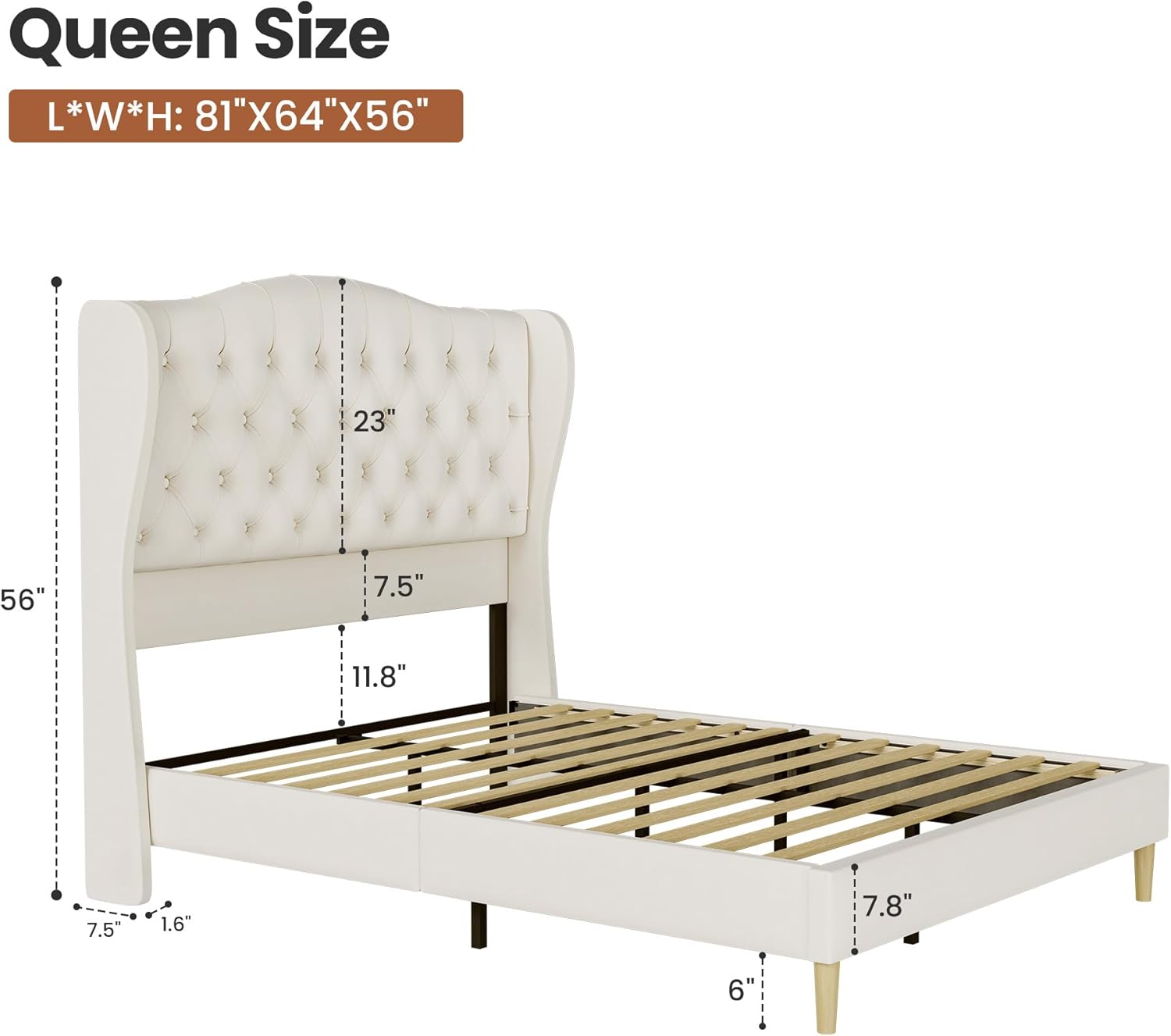 Queen Size Velvet Upholstered Platform Bed Frame, 56 Tall Wingback Headboard with Deep Diamond Tufting, Solid Metal Support (1000lbs), No Box Spring Needed, Cream