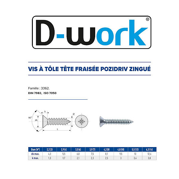 250 Vis à Tôle Tête Fraisée Pozidriv 6.3 x 31.7 mm - DIN 7982 - Zingué blanc - D-Work