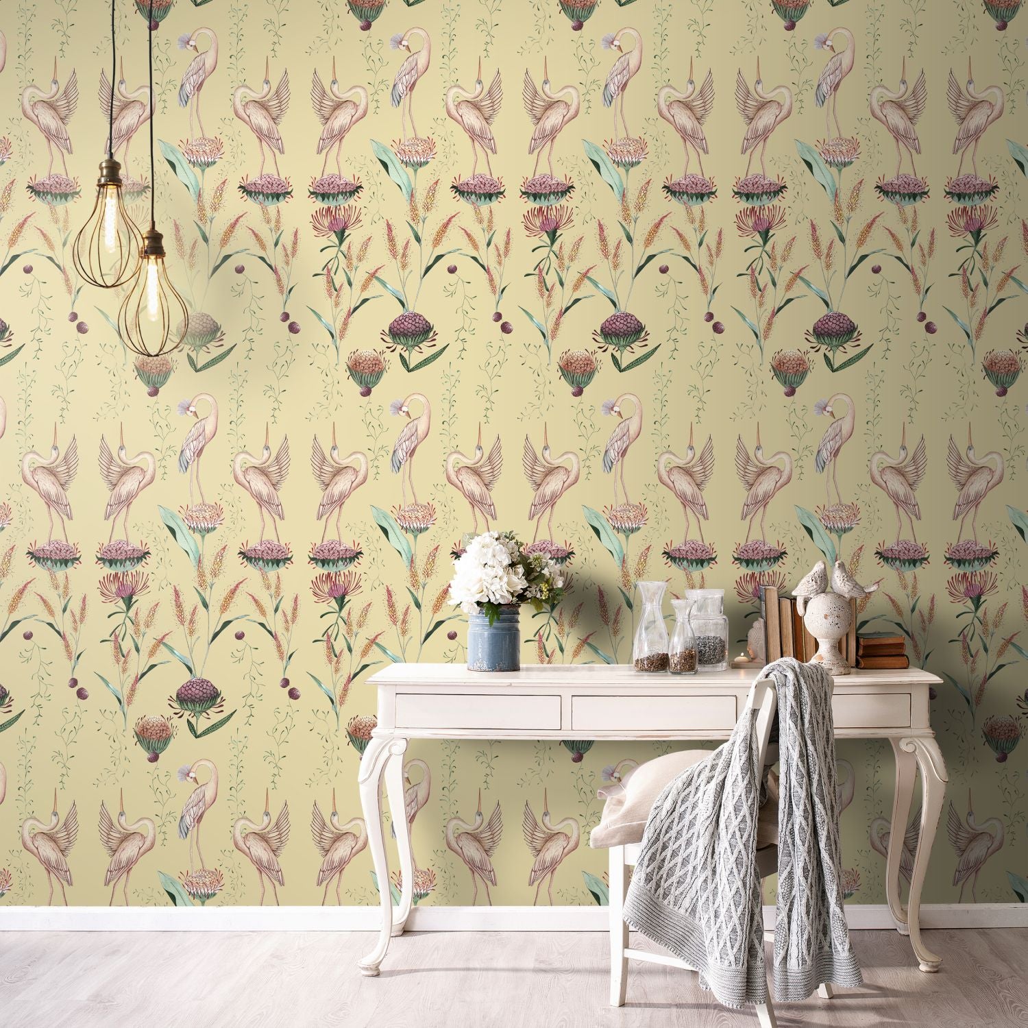 Walls4You behang kraanvogels geel en roze - 53 cm x 10 m - 640151