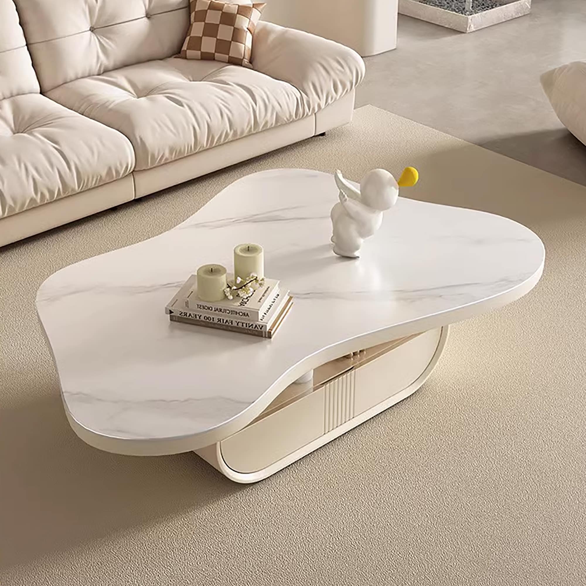 51 White Coffee Table, Cloud Shaped, with Drawers, Sintered Stone Top - 51 X 35