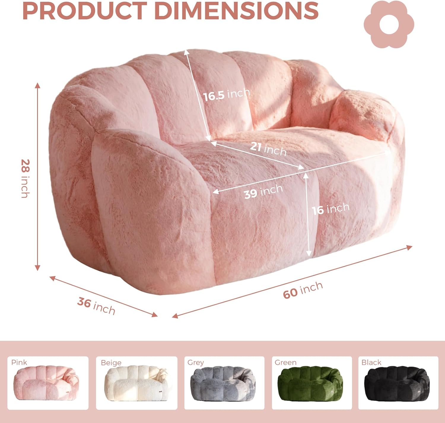 MAXYOYO Bean Bag Chair for Adults, Loveseat Floral Shaped Bean Bag Sofa, Ultra Soft Love Seat Mini Sofa Couch, Faux Fur Reading Chair for Living Room Bedroom, Pink