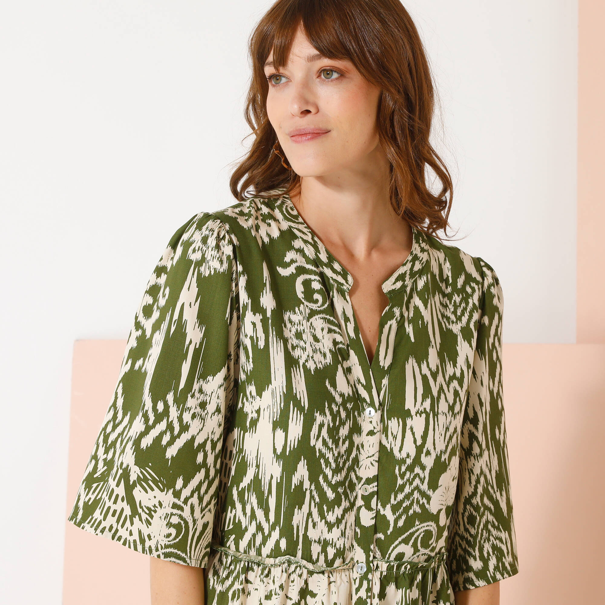Robe évasée à volants, imprimé ethnique bicolore
