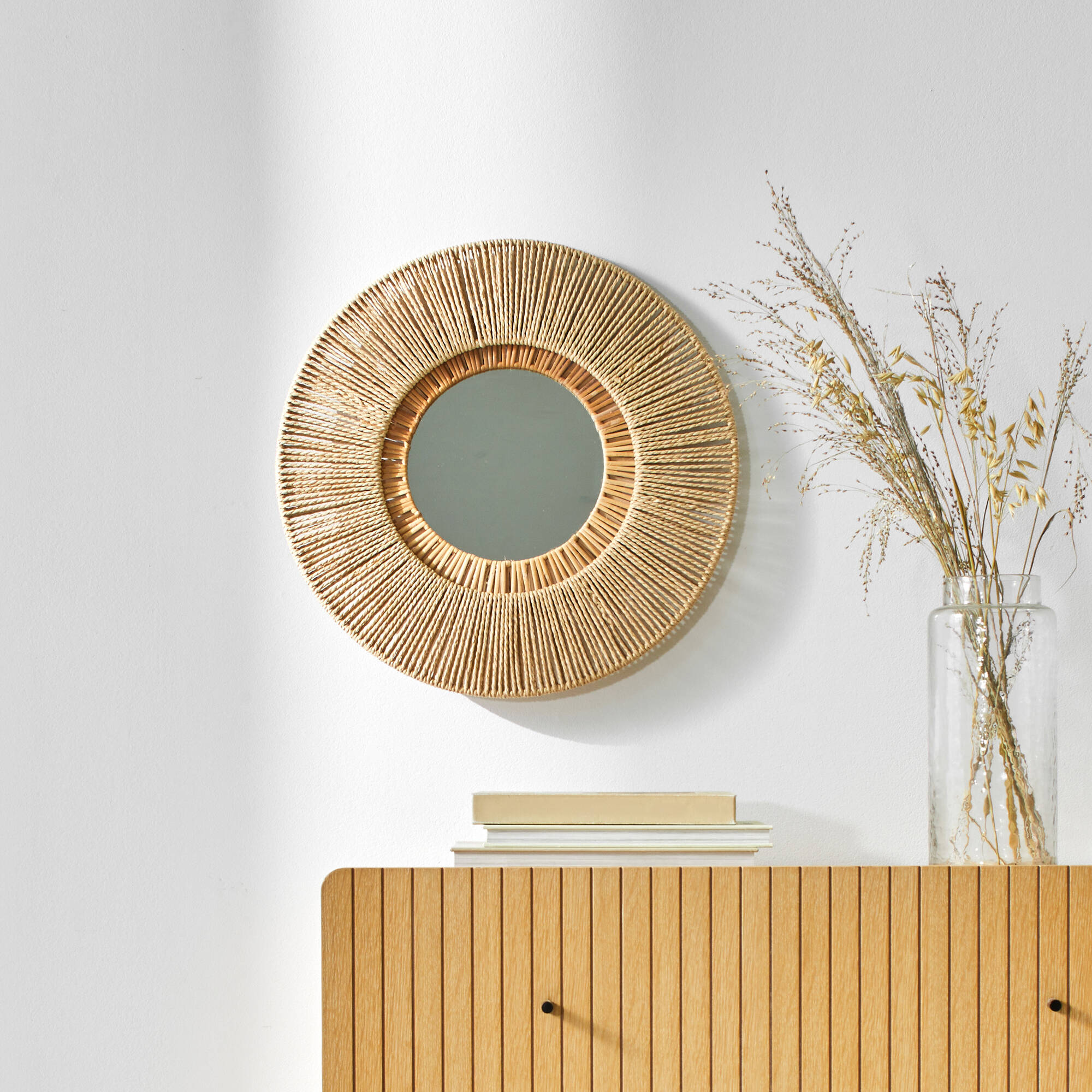 Miroir rond en rotin