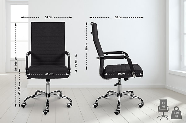 Chaise de bureau ergonomique Amadora, réglable en hauteur, pivotante 360 degrés, similicuir ou tissu. Noir/Tissu