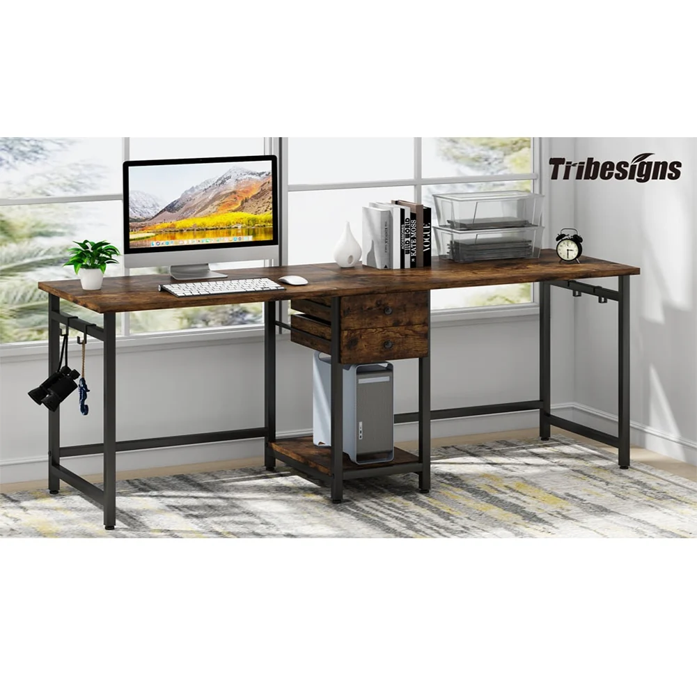 Extra Long Two Person Desk,Industrial Workstation for Home Office，78’’ Double Computer Desk with Drawers and Storage Shelves