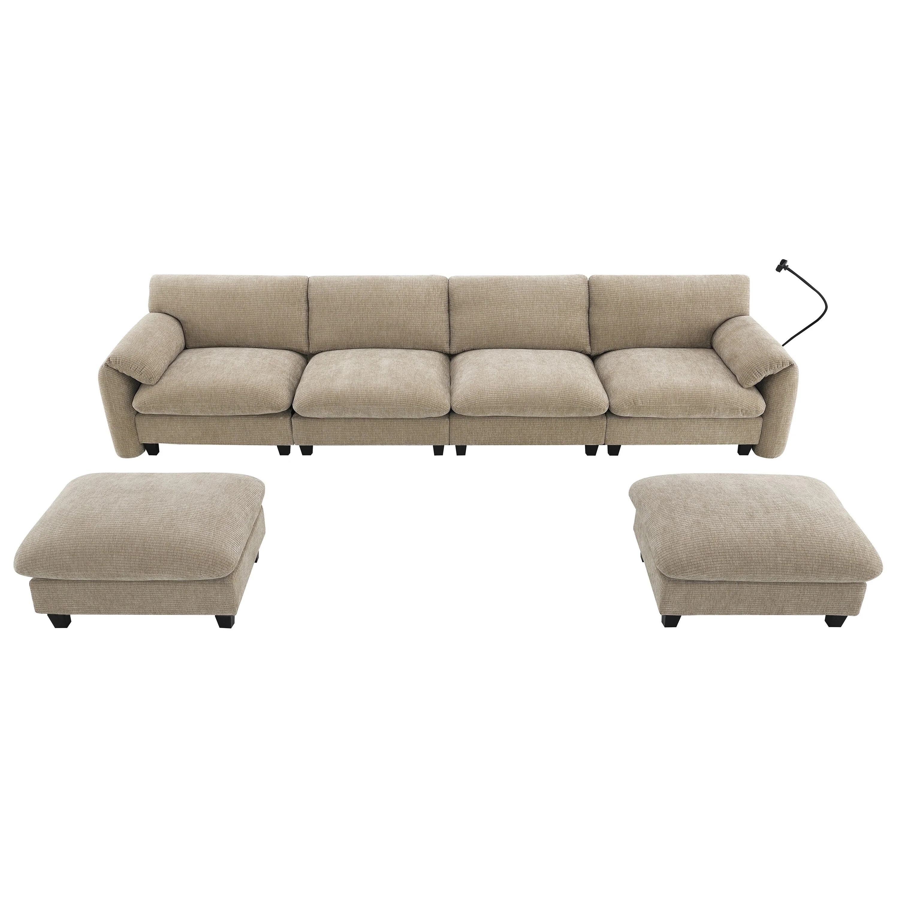 Modular 6-Seat Sectional Sofa with Dual Free-Movement Ottomans, USB & Type-C Chargers and Adjustable Phone Holder