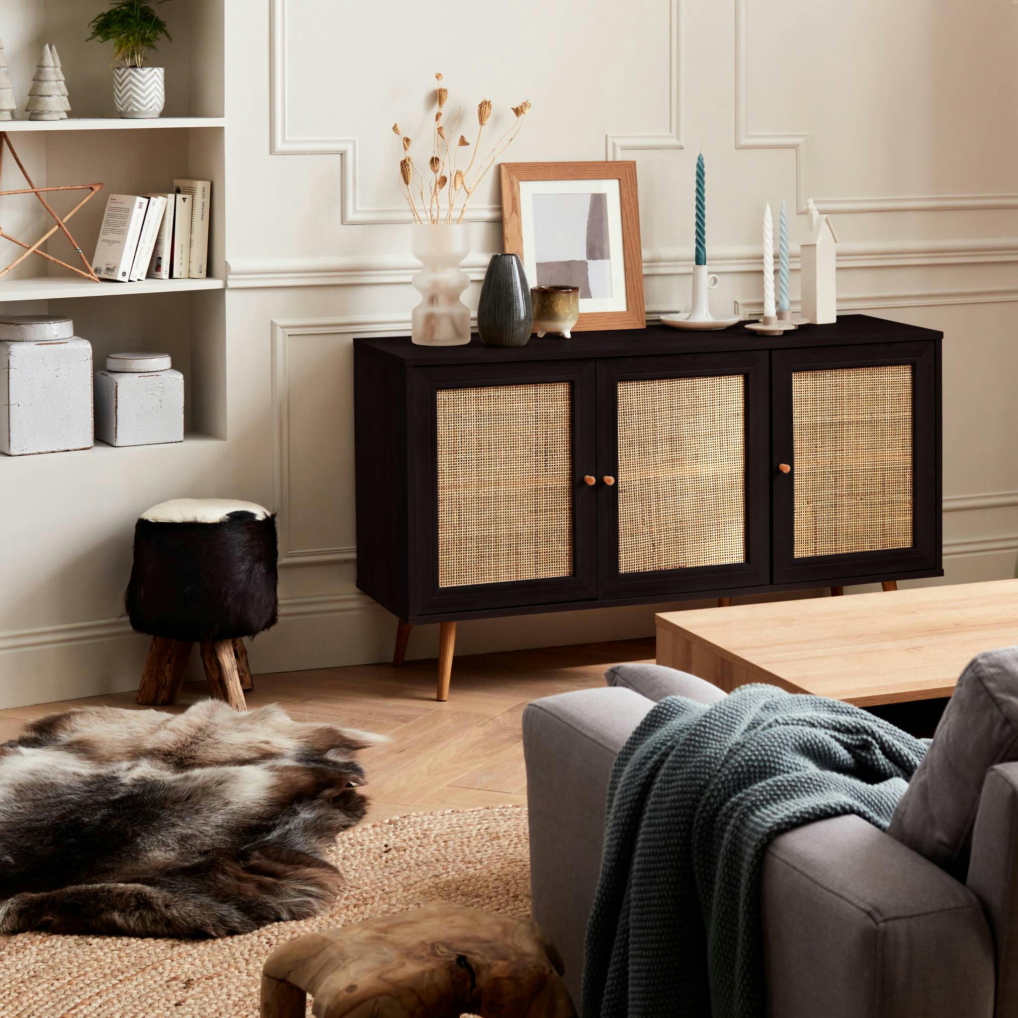 BOHÈME - Buffet de rangement cannage, noir - 120x39x70cm