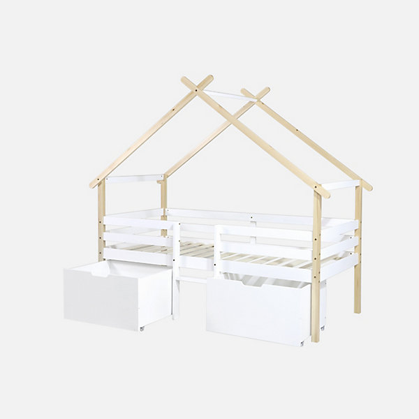 Lit cabane enfant 90 x 190 cm bois de pin blanc sommier à lattes inclus et 2 tiroirs - Sienna
