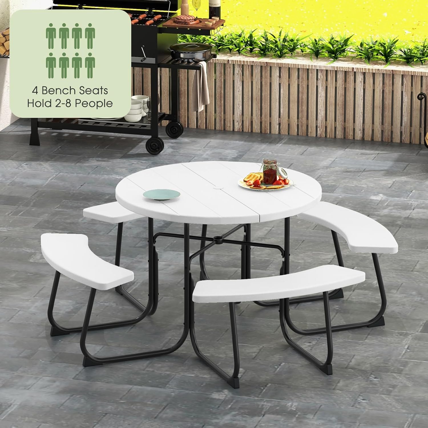 Giantex Picnic Table Set for Up to 8 Persons  Round Outdoor Table and Bench Set with Umbrella Hole  HDPE Top & Metal Frame  2000LBS Capacity  Patio Table Bench for Deck Backyard Garden (White)