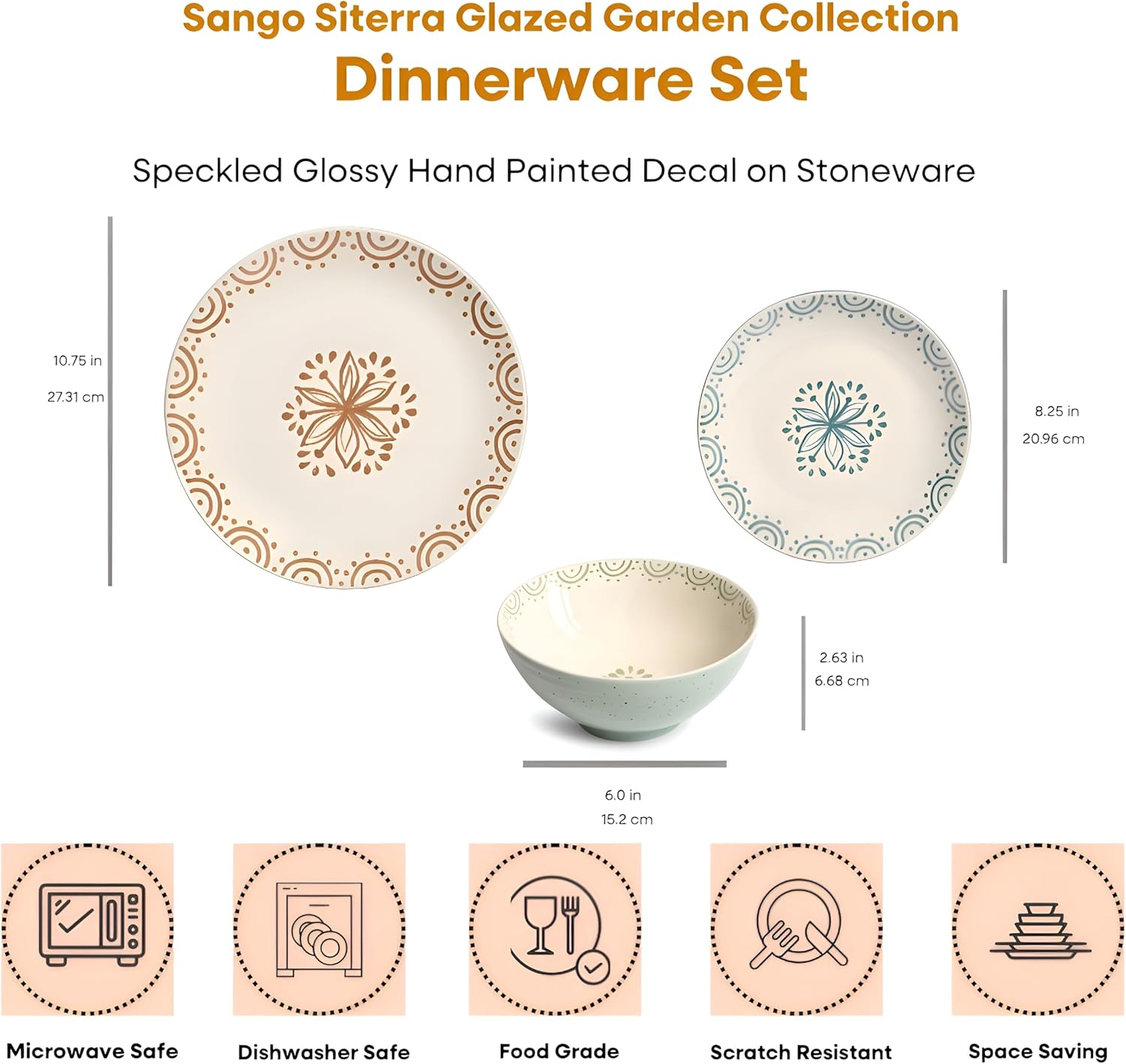 Sango 12-Piece Speckled Stoneware Dinnerware Set for 4- Glossy Plates and Bowls Set with Hand-Painted Floral Pattern, Rustic Ceramic Dish Set, Elegant Dishes for Everyday Dining, Siterra Glazed Garden