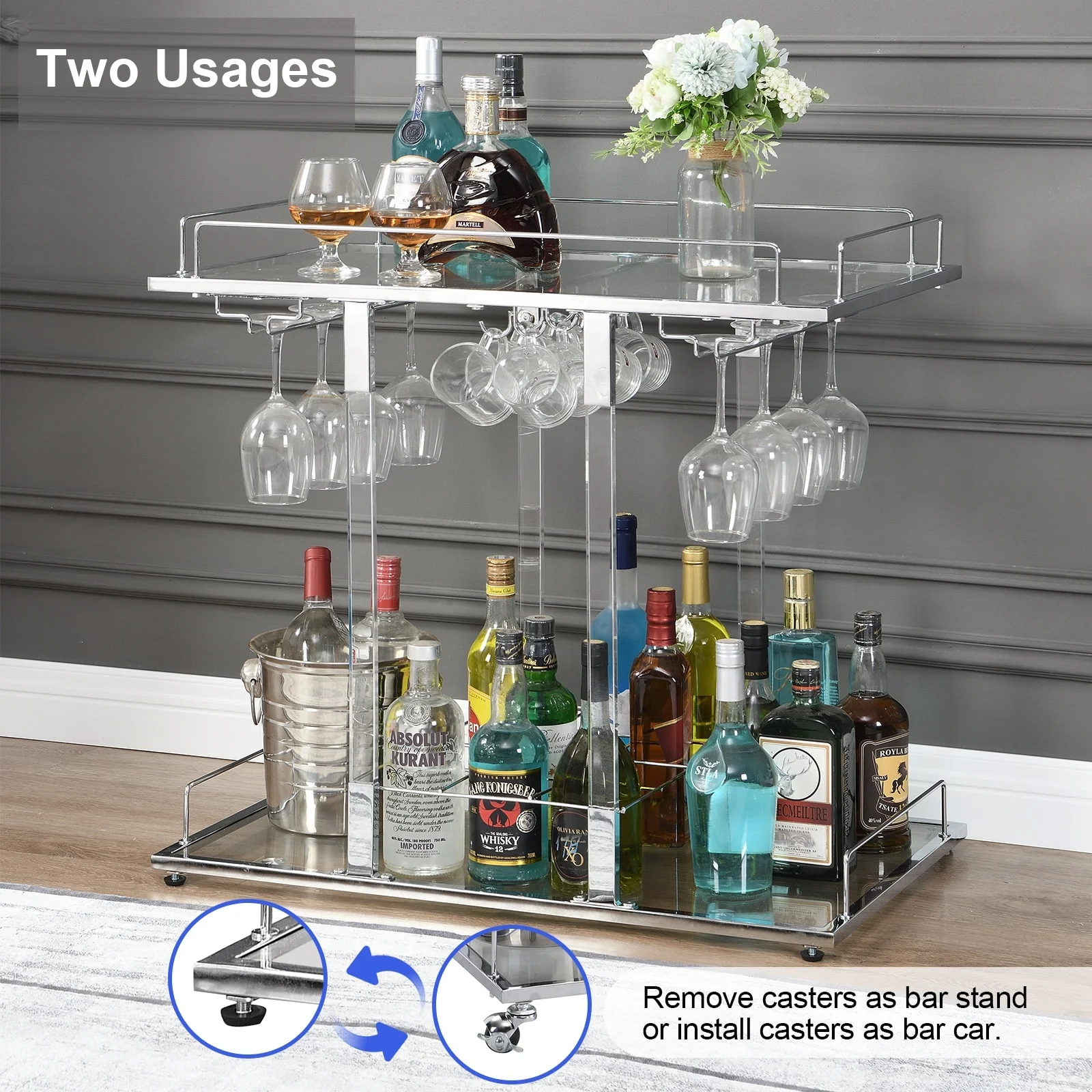 Hausfame Home Bars Cart Glass Metal Chrome Clear Modern Wine Rack - N/A