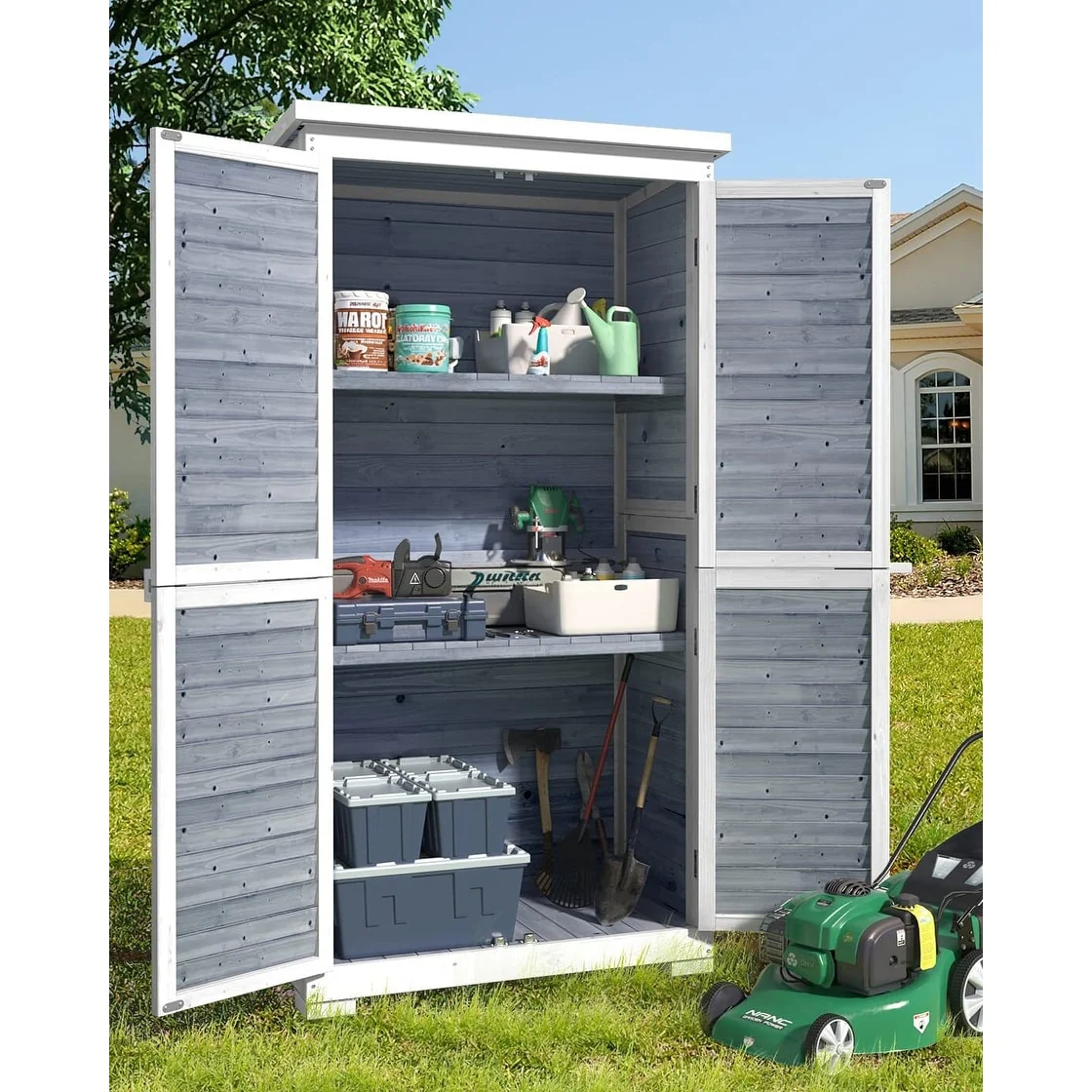 Outdoor Storage Cabinet Shed, Shuttered Doors with Lock, and Waterproof Roof