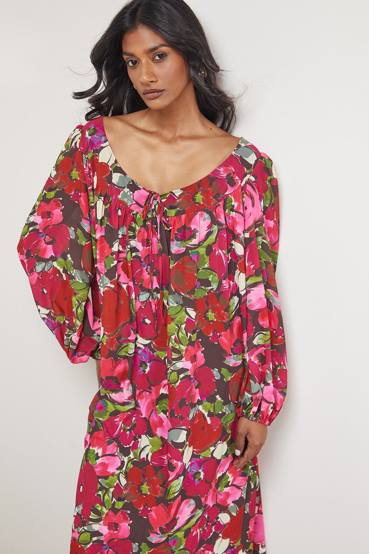 Warehouse Chiffon Tie Front Volume Midi Smock Dress