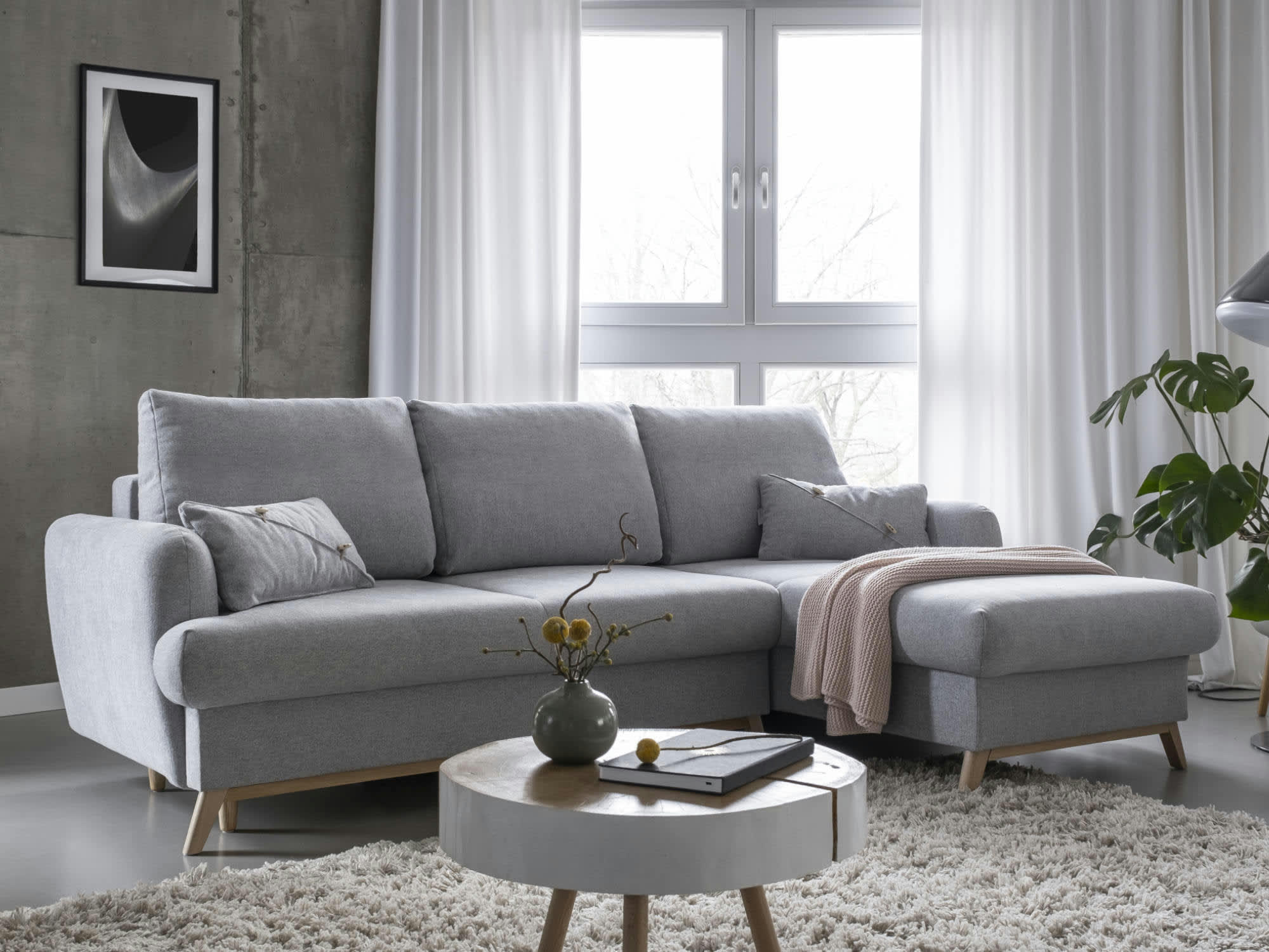 LAGOM - Canapé d'angle droit convertible 4 places en tissu gris clair