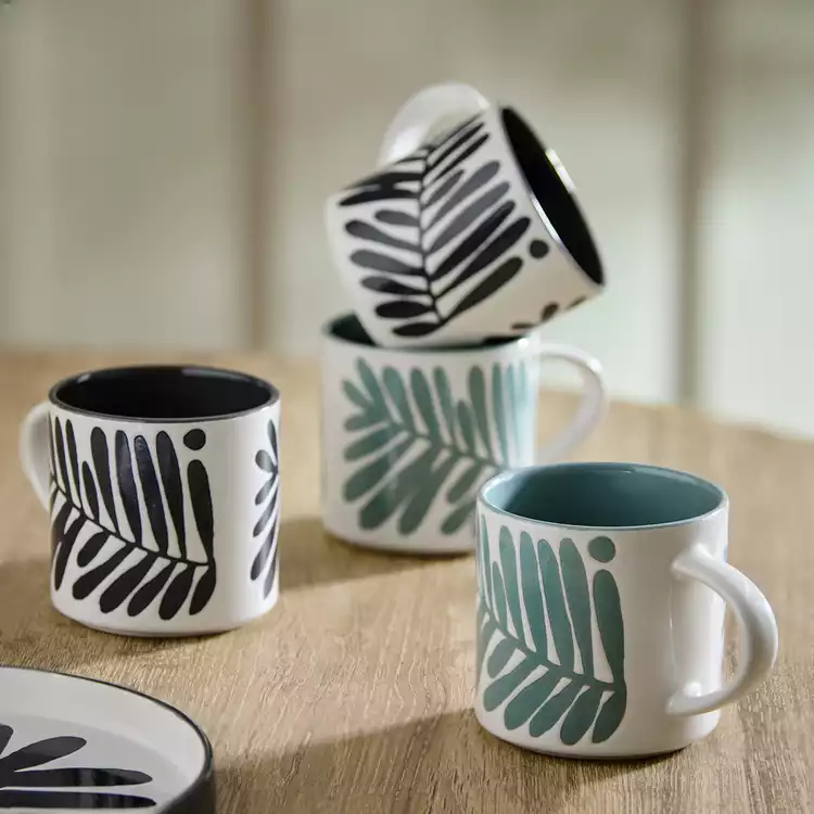 Habitat Leaf Set of 4 Stoneware Mugs - Green & Black