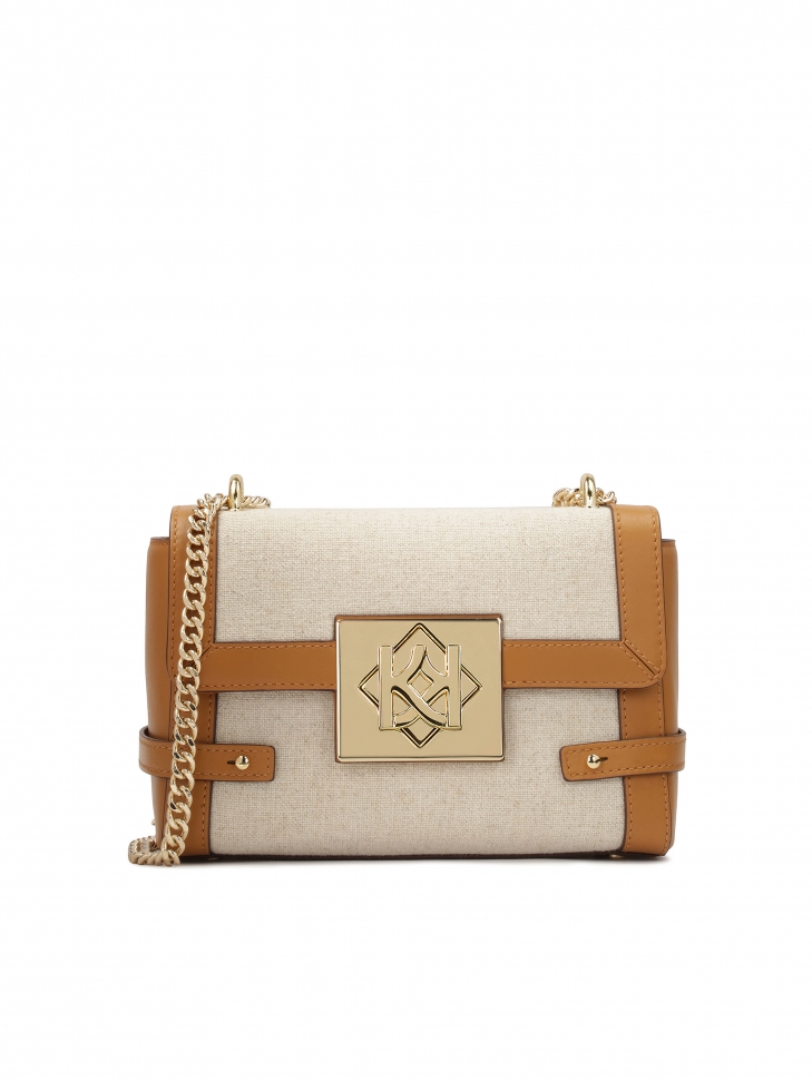 Beige linen fabric chain handbag