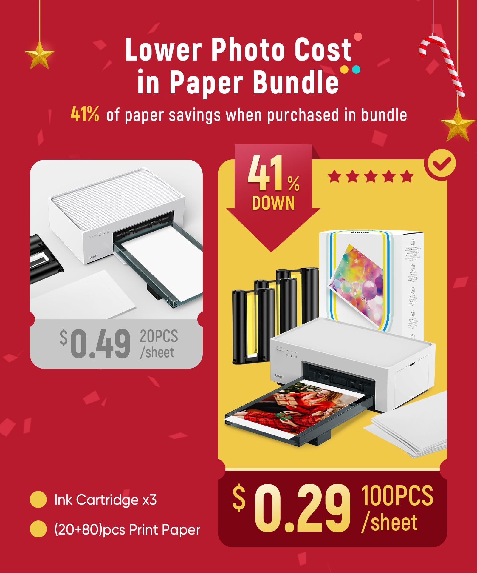 Liene 46 Photo Printer with Wi-Fi, 100 Sheets, Thermal-Dye Sublimation, for iPhone & Android