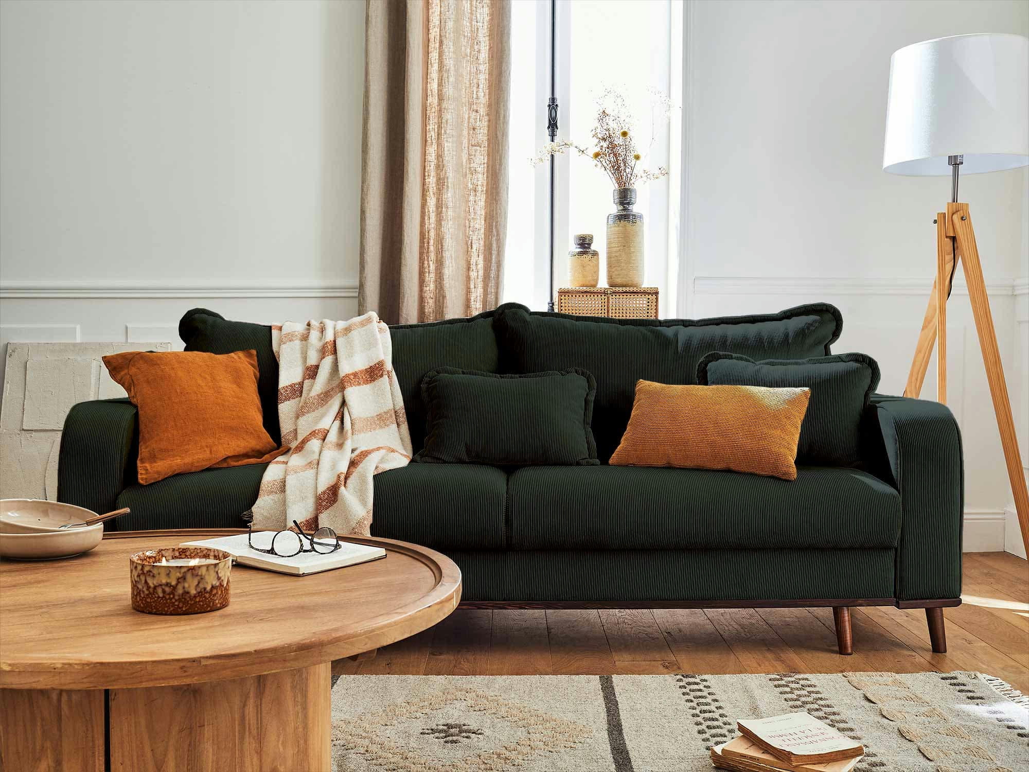 BILLIE - Canapé droit convertible 3 places en velours côtelé vert