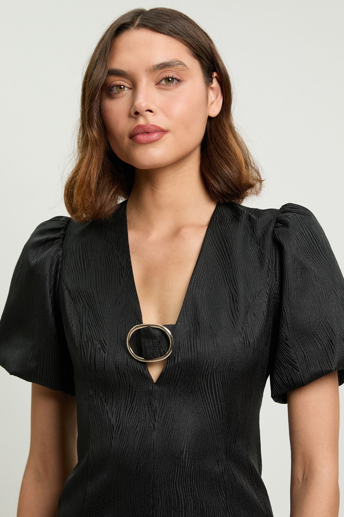 KarenMillen Tailored Puff Sleeve Trim V Neck Detail Mini Dress