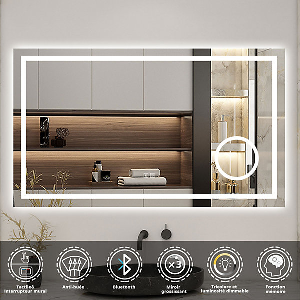 Miroir de salle de bain LED 100x60cm tricolore anti-buée   bluetooth   loupe   mémoire   dimmable, AICA SANITAIRE