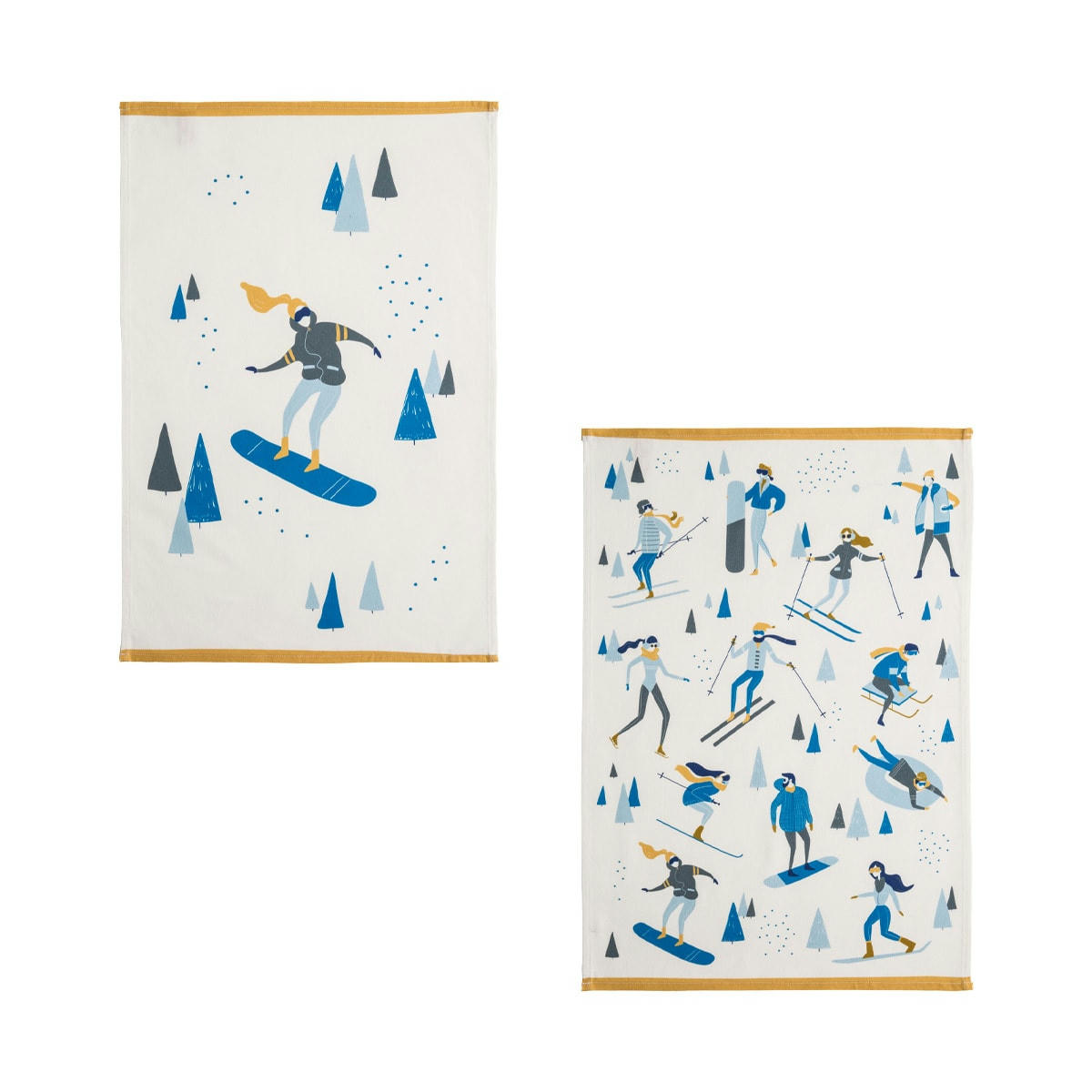 SPORTS D'HIVER ET SNOWBOARDEUSE - Lot de 2 torchons imprimés en coton bleu 50x75