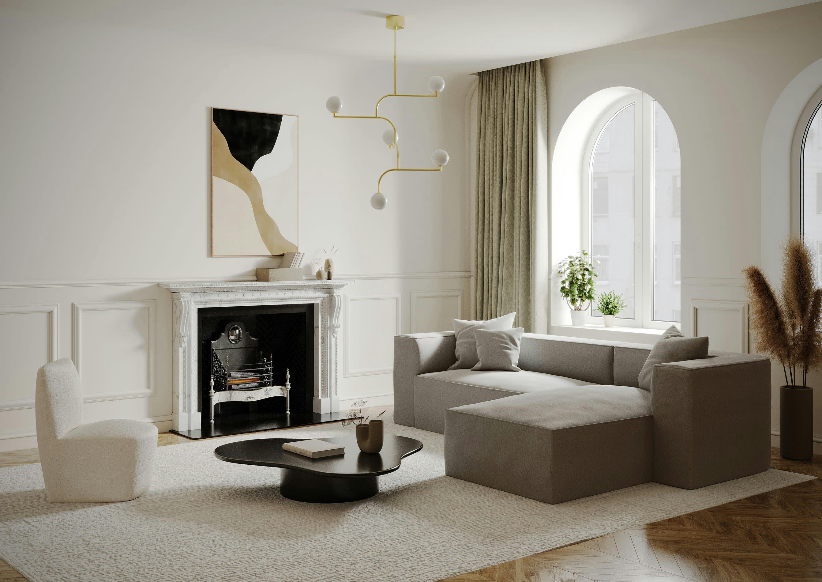 ALMA - Canapé d'angle droit tissu tramé taupe