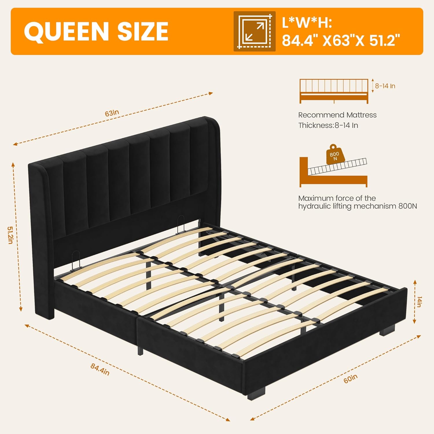 51 Tall Headboard Lift Up Bed Frame, Queen Size Bed Frame with Storage Underneath, Velvet Wingback Design, No Box Spring Required, Wood Slats Support, Noise-Free Bed (Queen,Black)