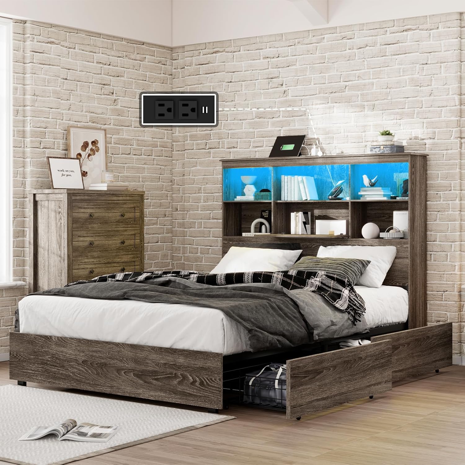 Queen Size Bed Frame with LED Bookcase Headboard, Wooden Storage Bed with Charging Station & 4 Drawers, No Box Spring Needed/Noise-Free/Rustic Grey