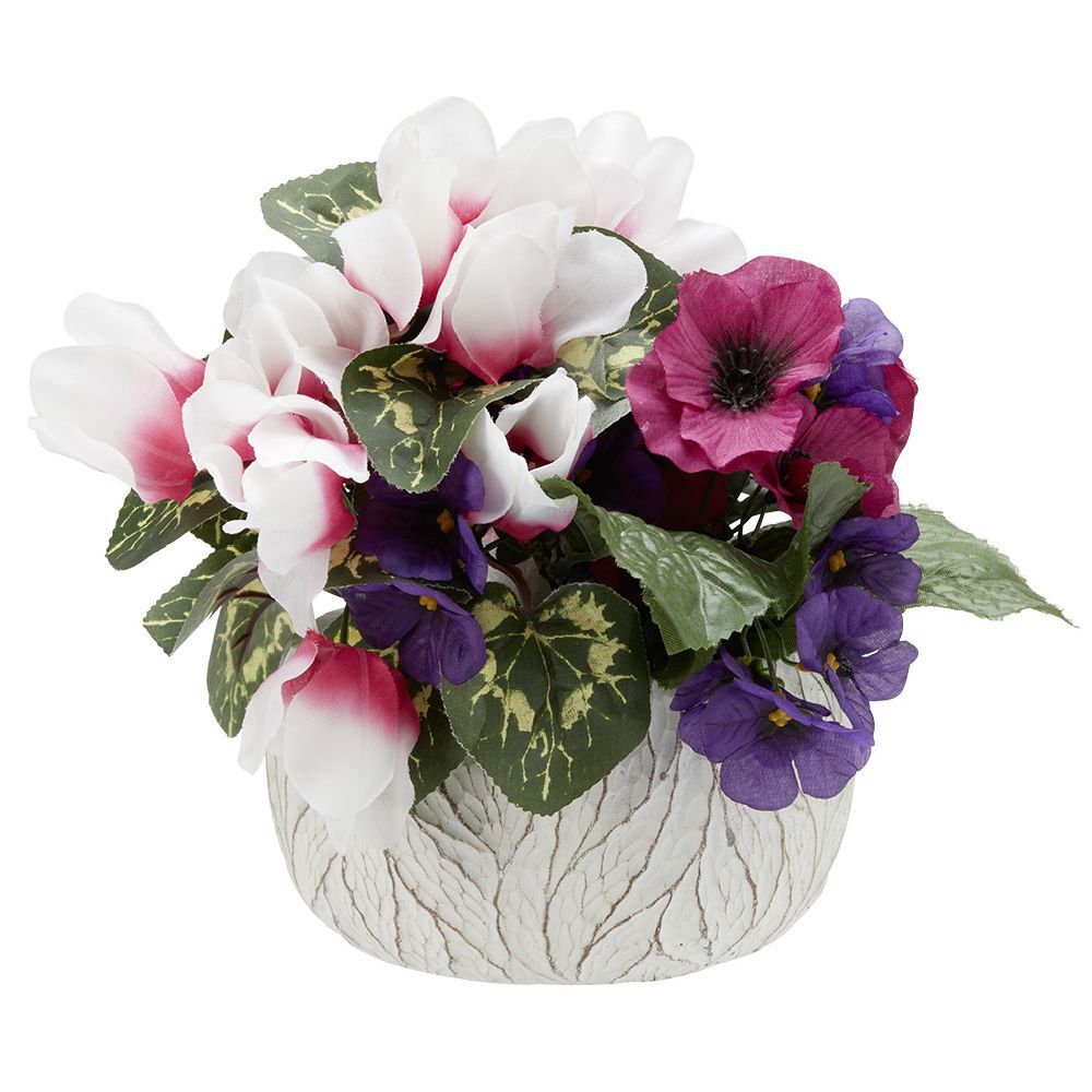 Vasque ciment buis rose bouton violette pensée H18 cm violet - Fleur artificielle