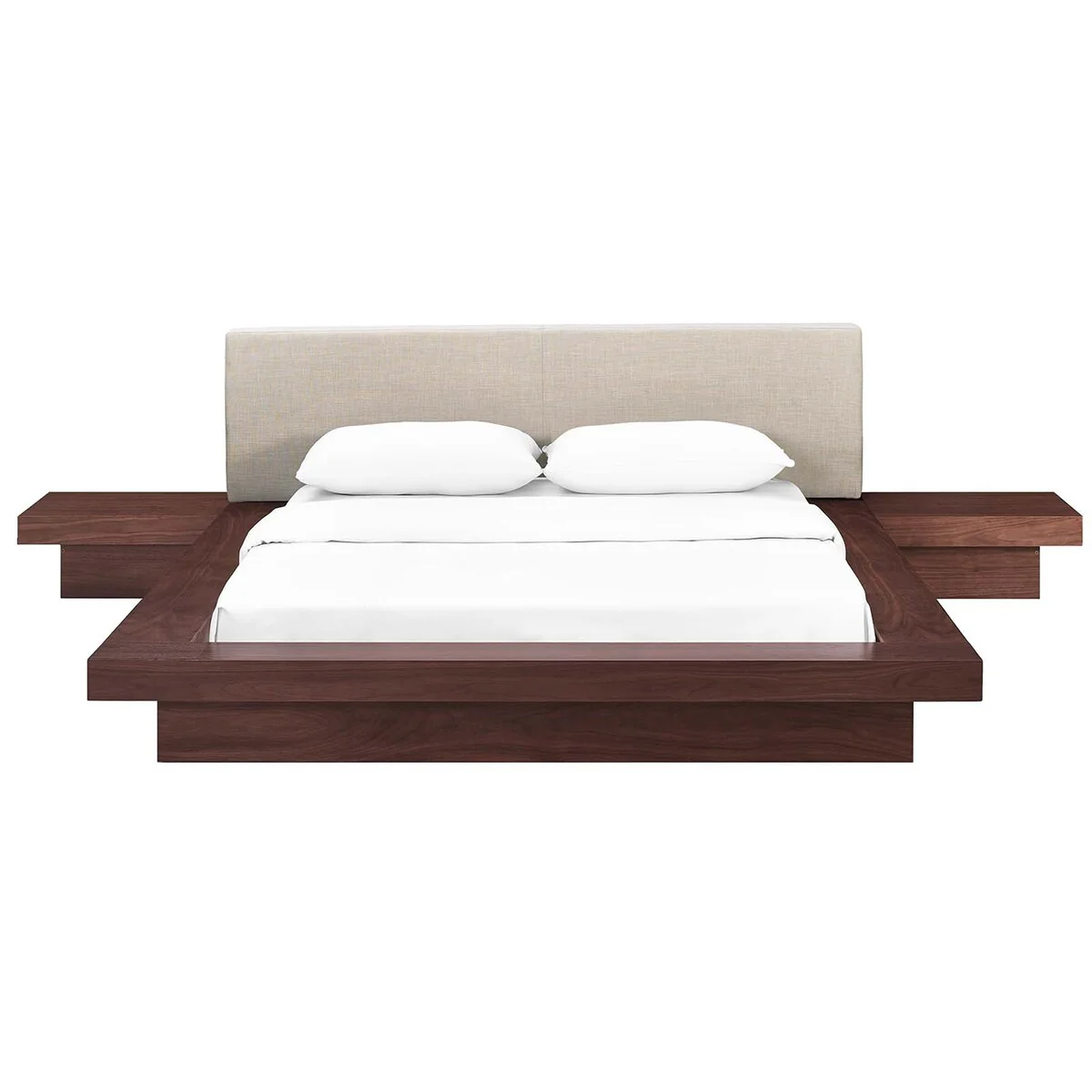 Halper Modern Queen Size Walnut Wooden Bed with Beige Fabric Upholstered Headboard and Two Nightstands