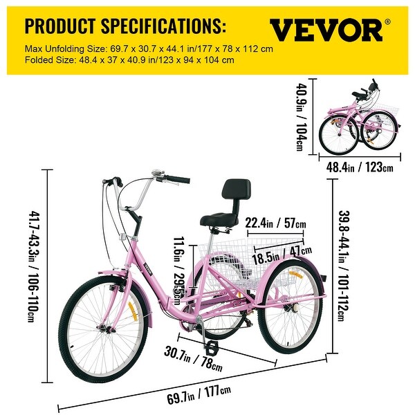 VEVOR 24'' Foldable Adult Tricycle Folding Adult Trike 7 Speed Bikes w/Basket - 69.7" x 30.7"